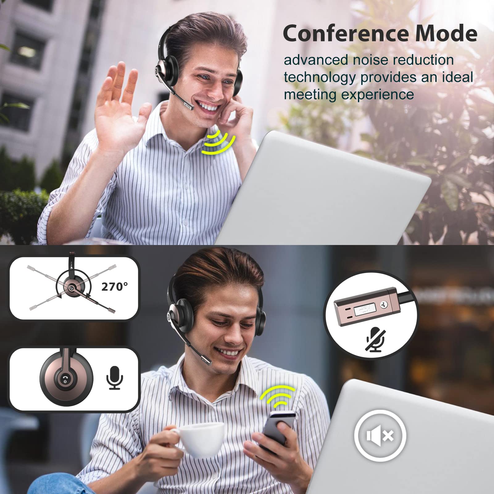 Wireless Bluetooth Headset with Microphone - Noise Cancelling On-Ear Headphones for Calls & Music, Mute Function, Dual Connectivity for PC, Laptop, iPhone, Tablet - Perfect for Zoom, Microsoft Teams, Skype Meetings & Remote Work