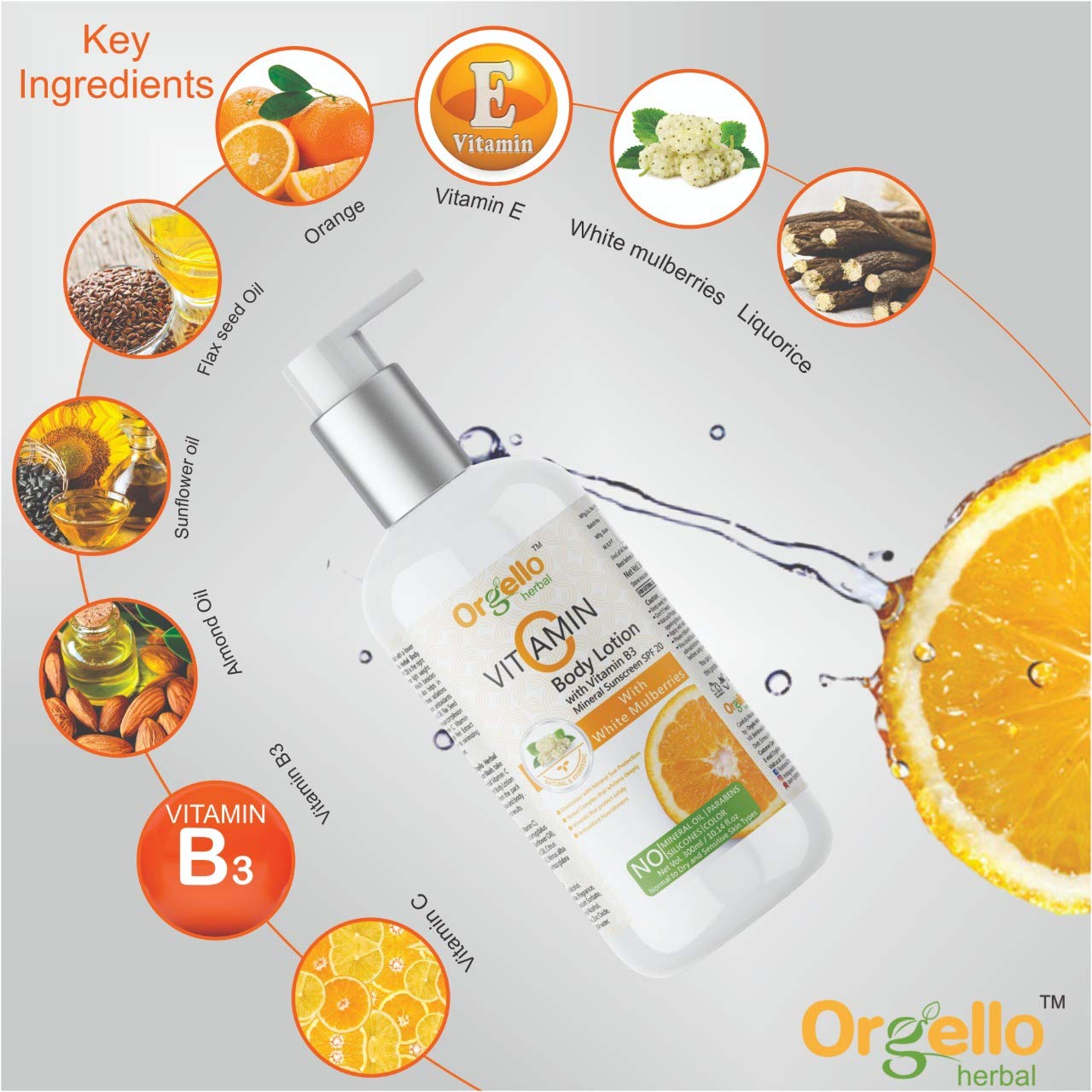 Orgello Herbal Vitamin C Body Lotion with SPF | Mineral Sunscreen Moisturizer (300ml) | Niacinamide, Licorice & Flax Seed Oil | Paraben-Free Skincare | Perfect for Daily Sun Protection & Hydration