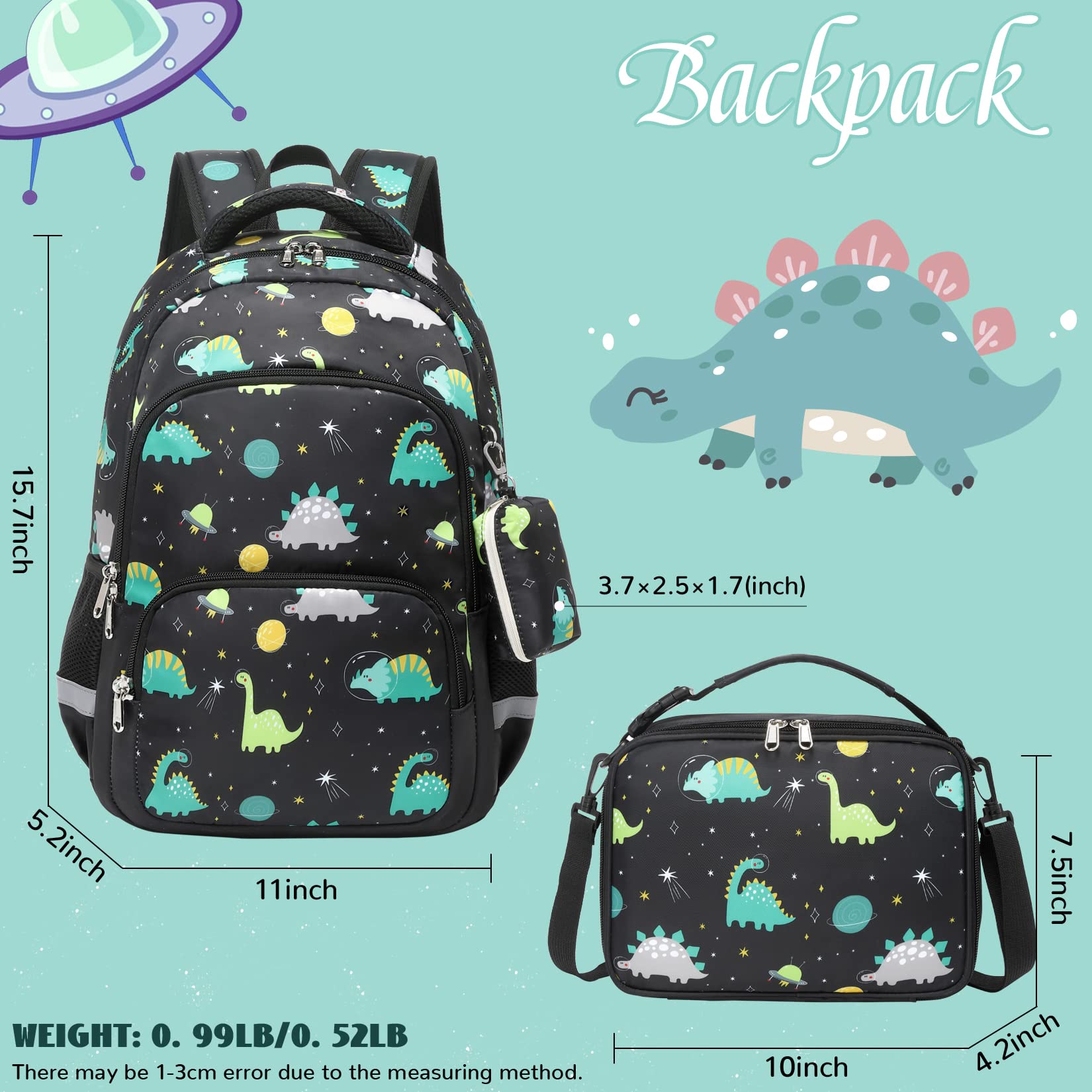 Durable School Backpack for Boys - Kids Bookbag with Insulated Lunch Bag & Coin Pouch - Black Dinosaur Design - Perfect for Elementary Students, Day Trips & Outdoor Adventures