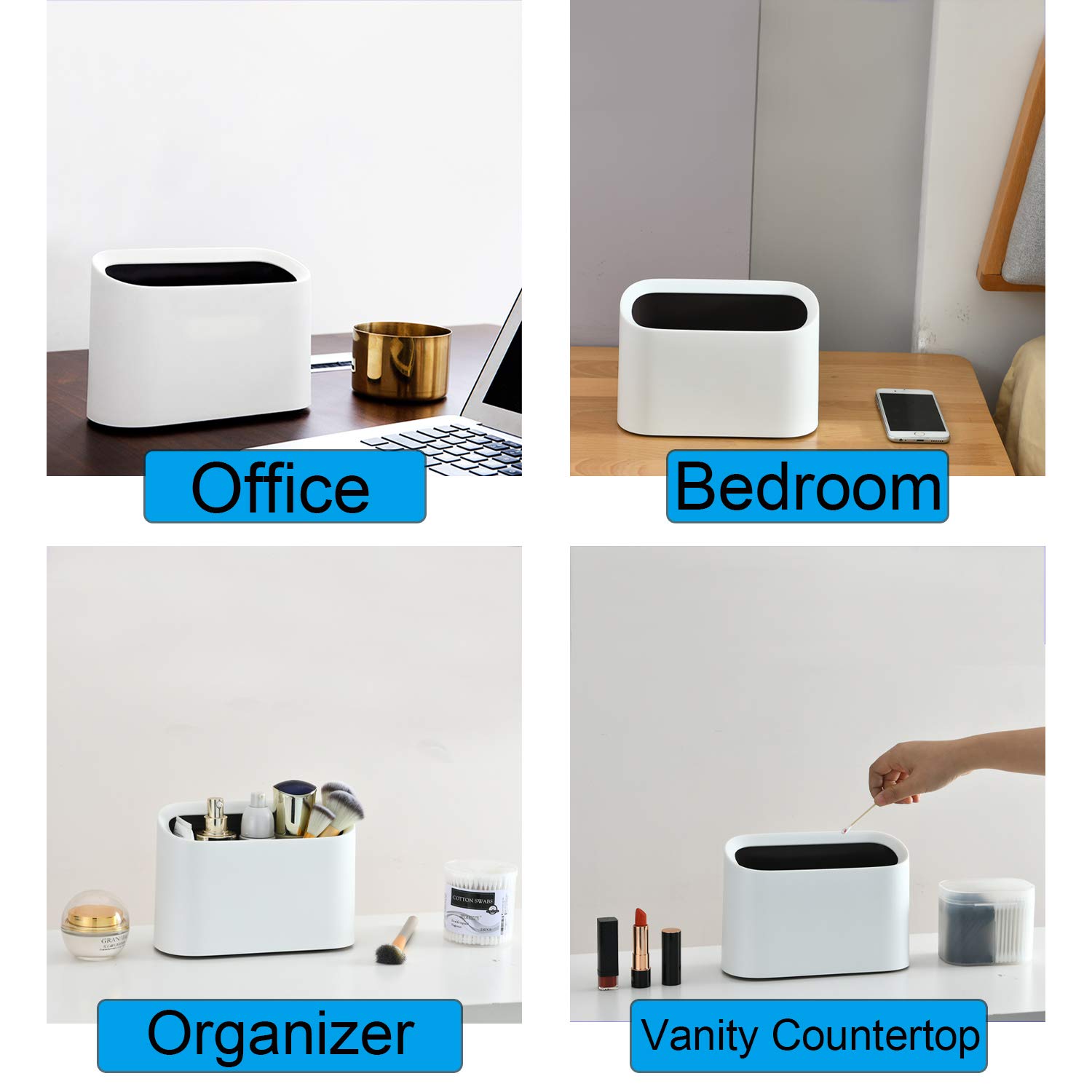 SUBEKYU 0.4 Gallon Mini Countertop Trash Can - Small Plastic Waste Bin for Office, Kitchen, Bathroom & Bedroom - Compact Desktop Garbage Can in White - Perfect for Desks, Nightstands & Small Spaces