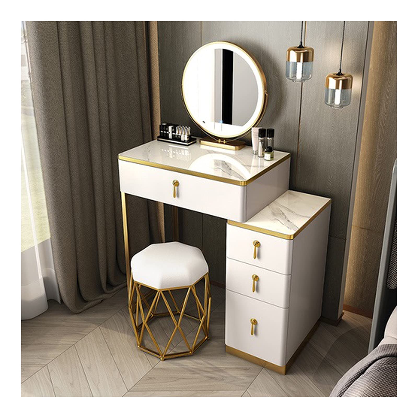Small Vanity Table with LED Round Mirror & Drawer - White/Grey Makeup Dressing Table (50cm) - Perfect for Bedroom, Bathroom & Small Space Makeup Organization
