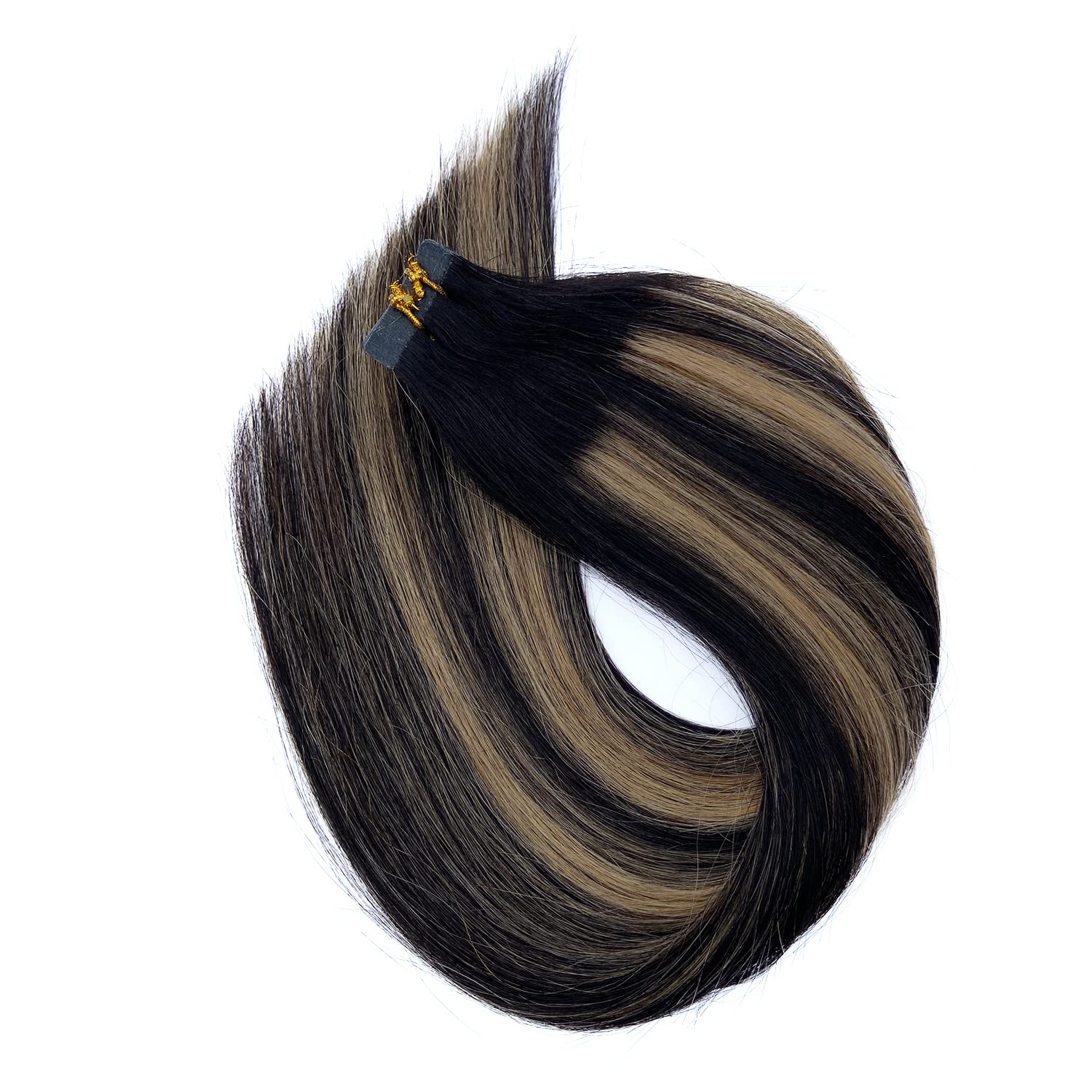 20pcs Tape in Hair Extensions Human Hair - Double Sided Invisible Real Hair Extensions, Ombre Black to Caramel Blonde Highlights, Remy Hair 20 Inch 50G Skin Weft - Perfect for Parties, Weddings & Daily Styling