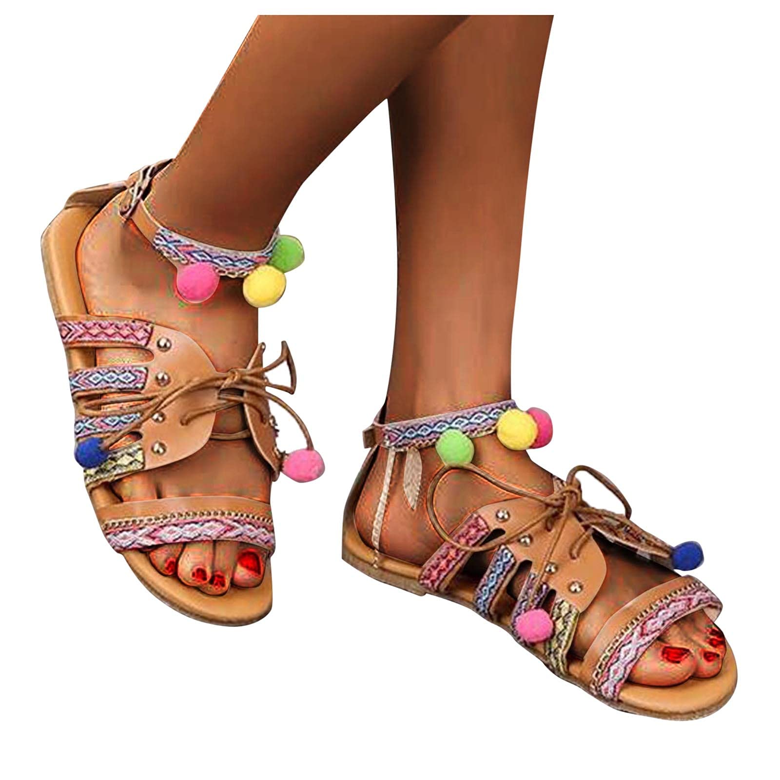 AnFeng Women's Bohemian Flat Fish Mouth Sandals - Comfortable Summer Beach Sandals for Women (Brown, Size 6.5-7) | Perfect for Vacation, Casual Outings & Beach Wear