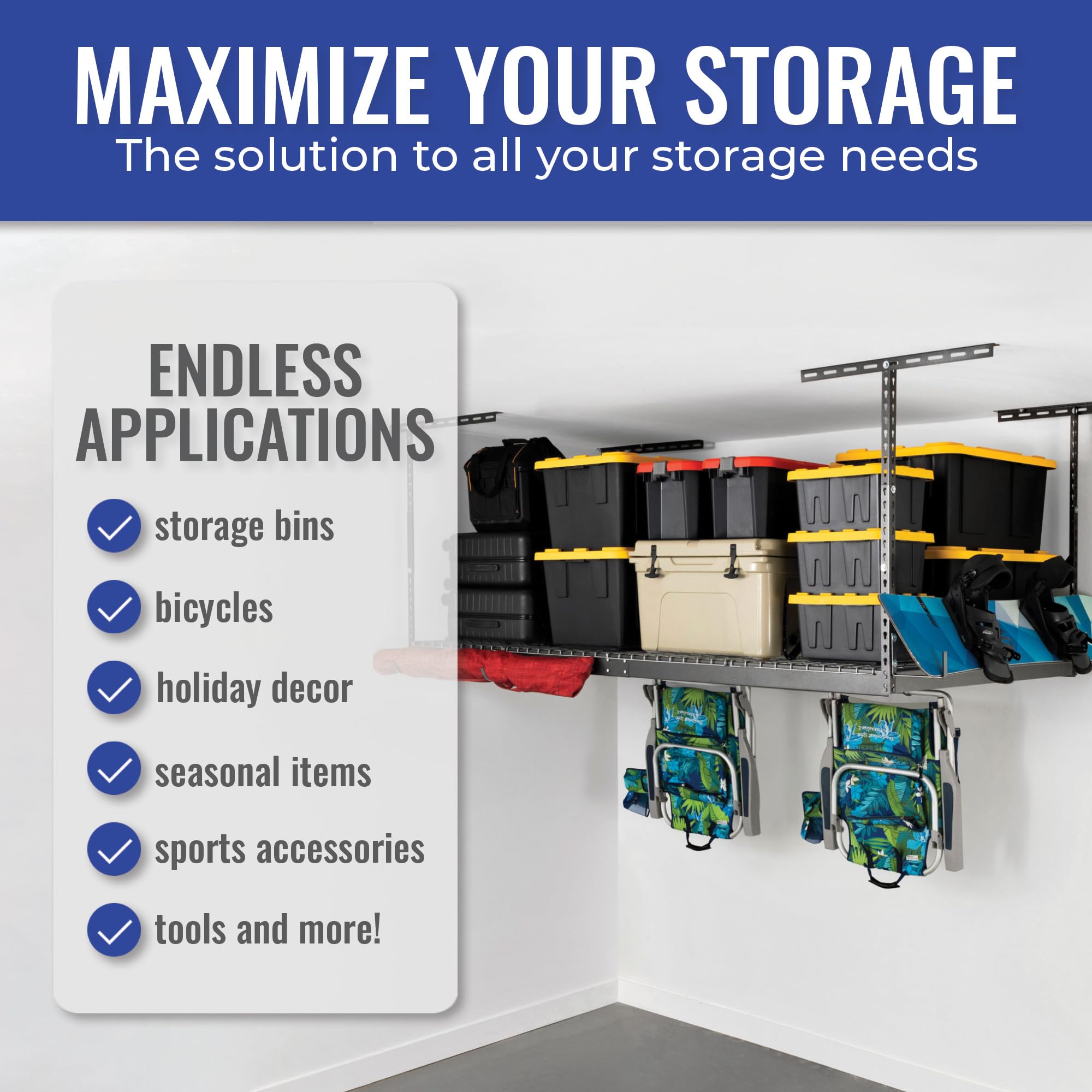 Heavy Duty Overhead Garage Storage Rack - 600 lb Capacity Ceiling Mount Organizer, Adjustable 4x8 Hammertone Shelf (18