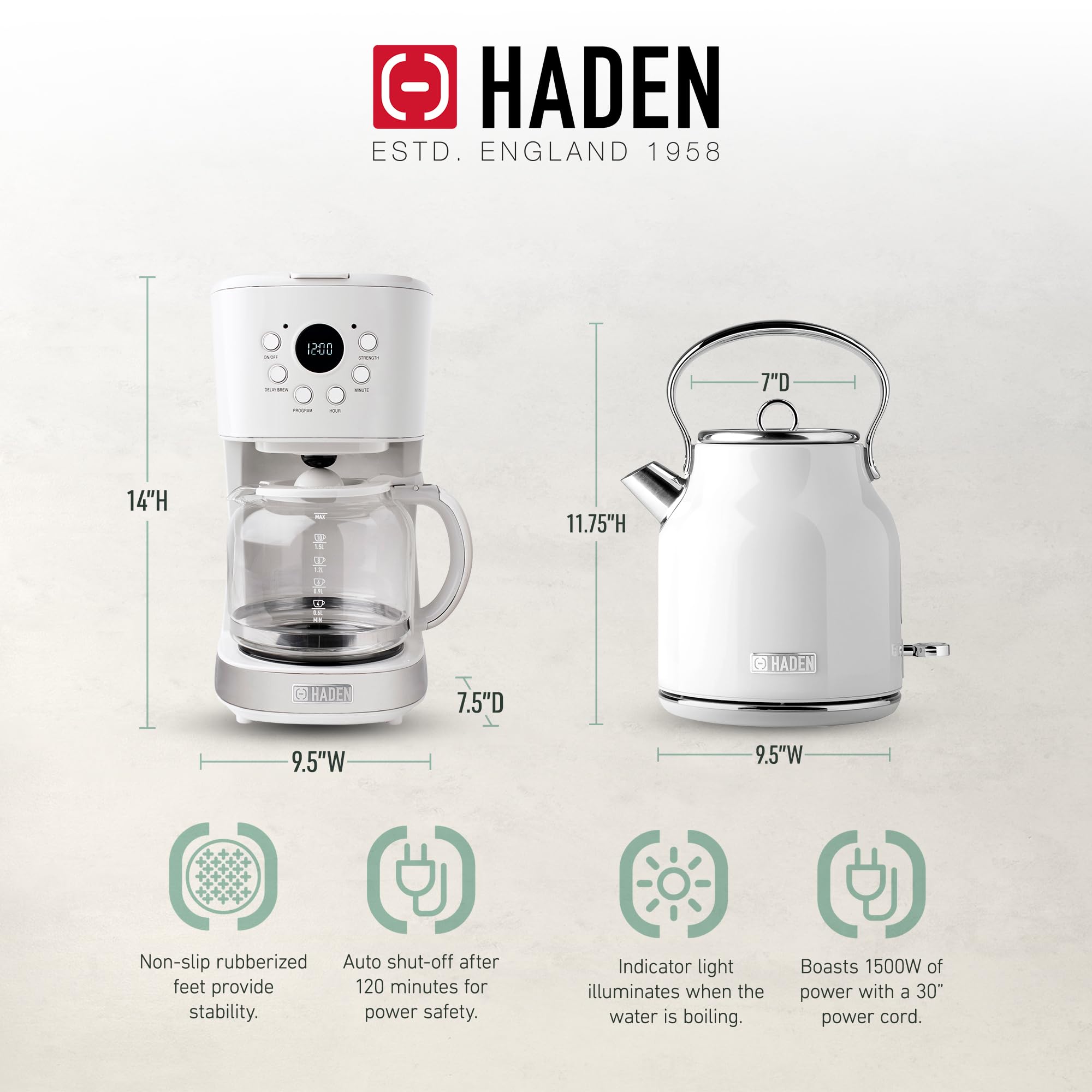 HADEN 12 Cup Drip Coffee Maker with 1.7L Stainless Steel Electric Kettle - Ivory & Chrome | Fast Brewing, Auto Shut-Off | Perfect for Home, Office & Kitchen Use