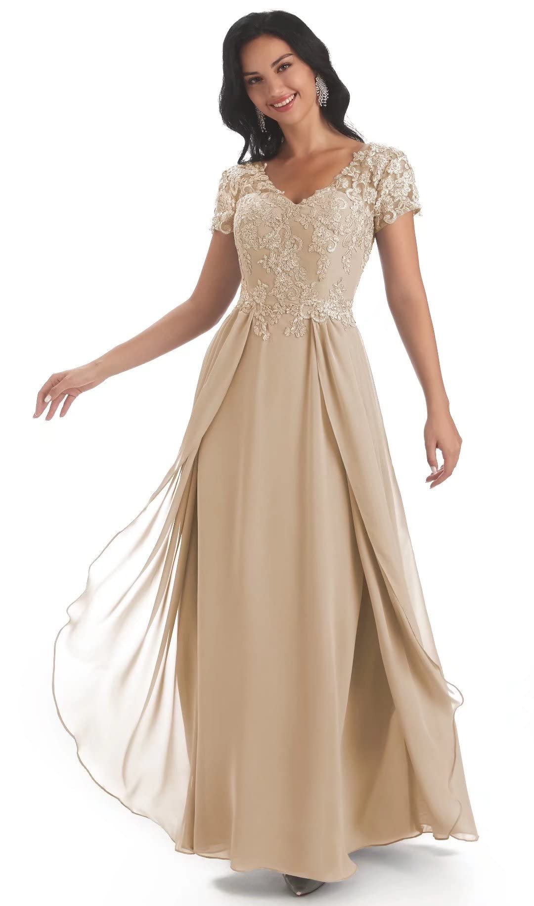 Elegant V-Neck Lace Mother of the Bride Dress with Sleeves - Long Formal Evening Gown for Weddings, Parties & Special Occasions