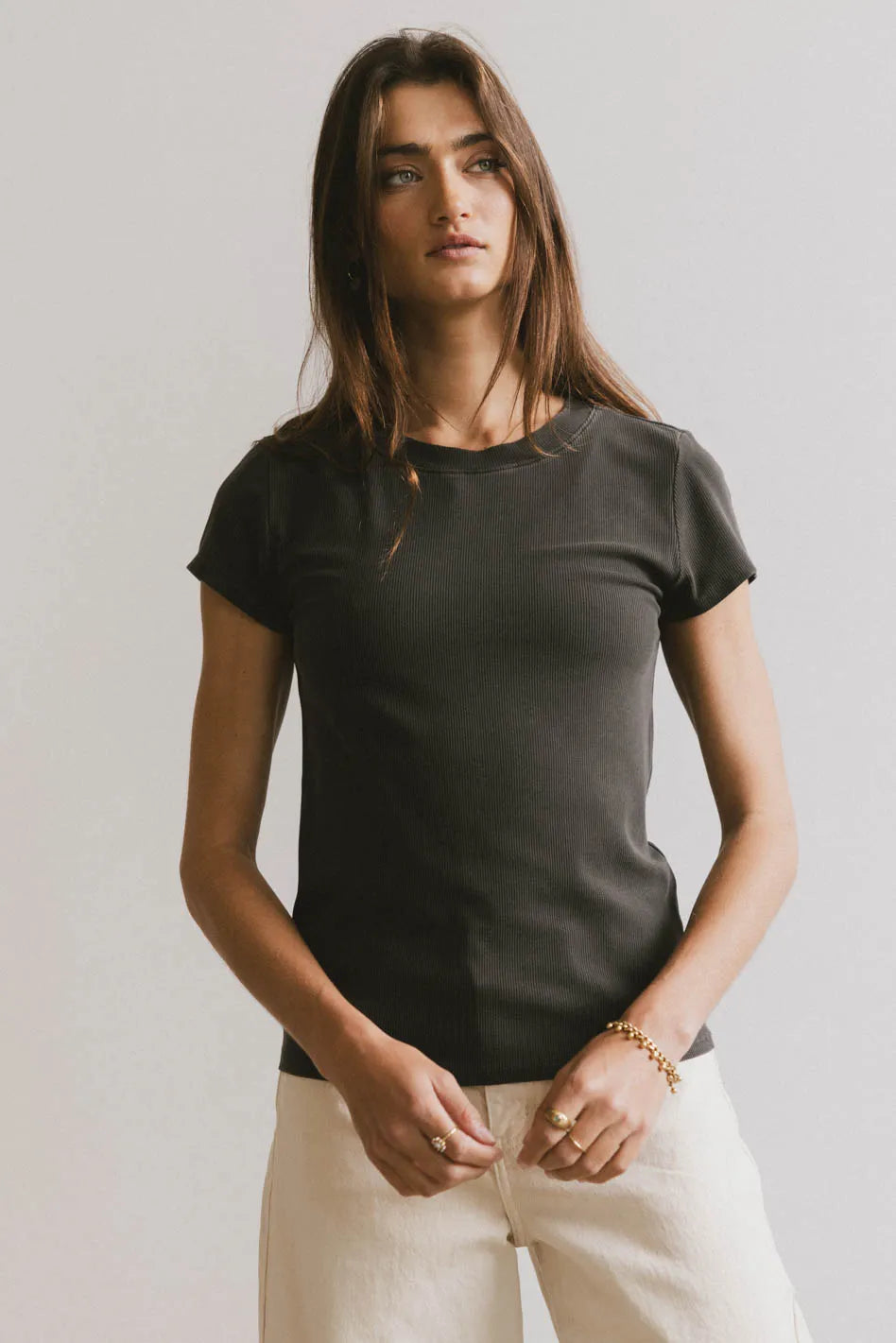 Opal Ribbed Tee in Charcoal - Soft Stretch Cotton Women's T-Shirt for Casual Wear & Layering | Final Sale