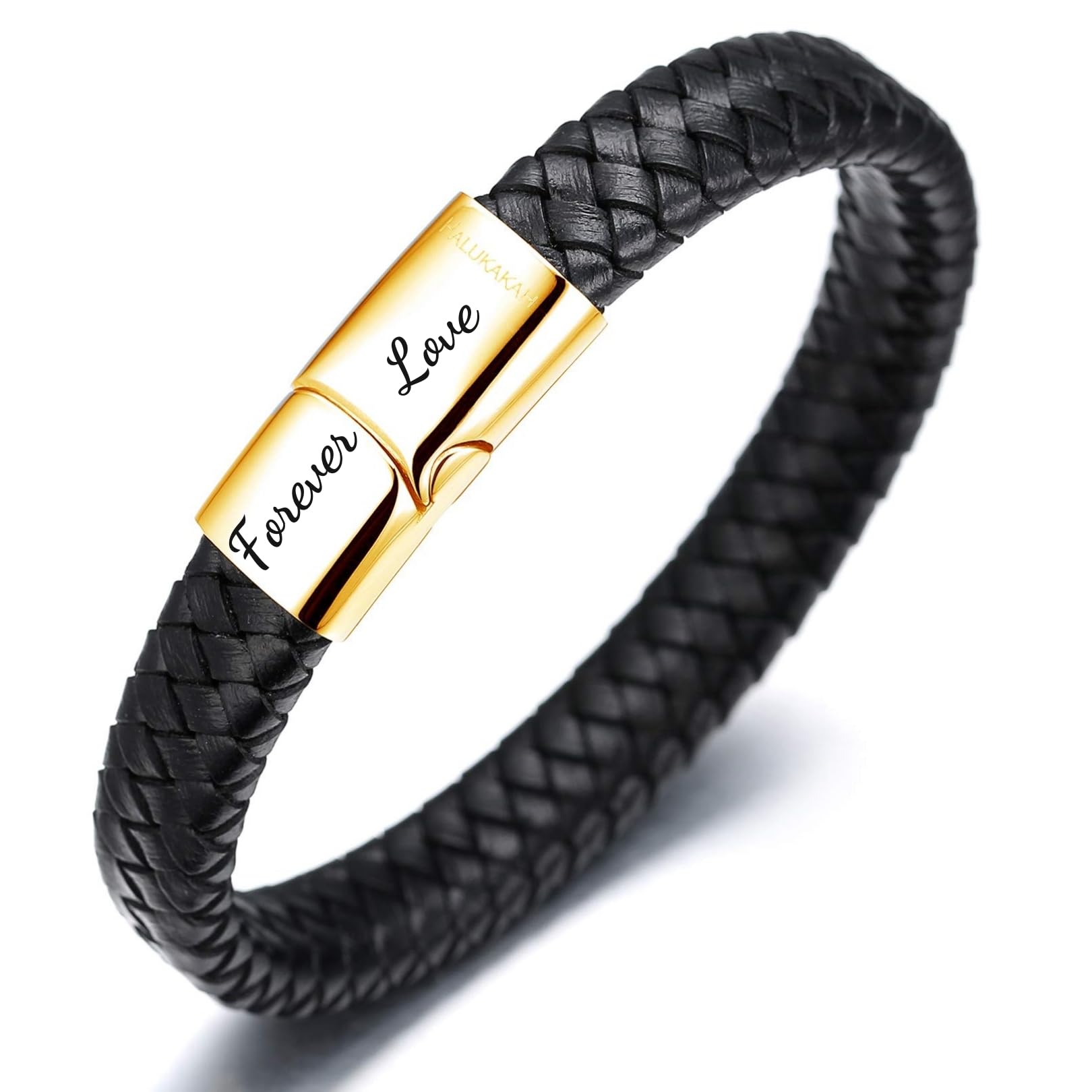 **Halukakah Kids Leather Bracelet for Boys - Classic Brown/Black, Magnetic Titanium Closure in Gold/Silver/Black, Adjustable 7