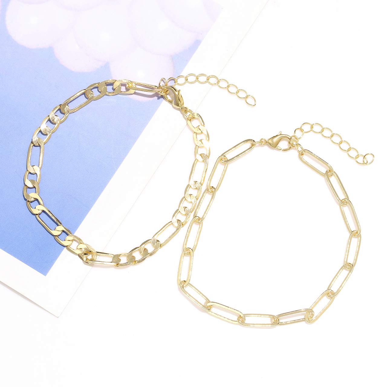 Stylish Beaded Stretch Bracelets for Women - Gold & Silver Small Ball Beads, Dainty Paperclip & Figaro Link Chain Bracelet Set (His & Her) - Perfect for Layering, Stacking, and Everyday Wear