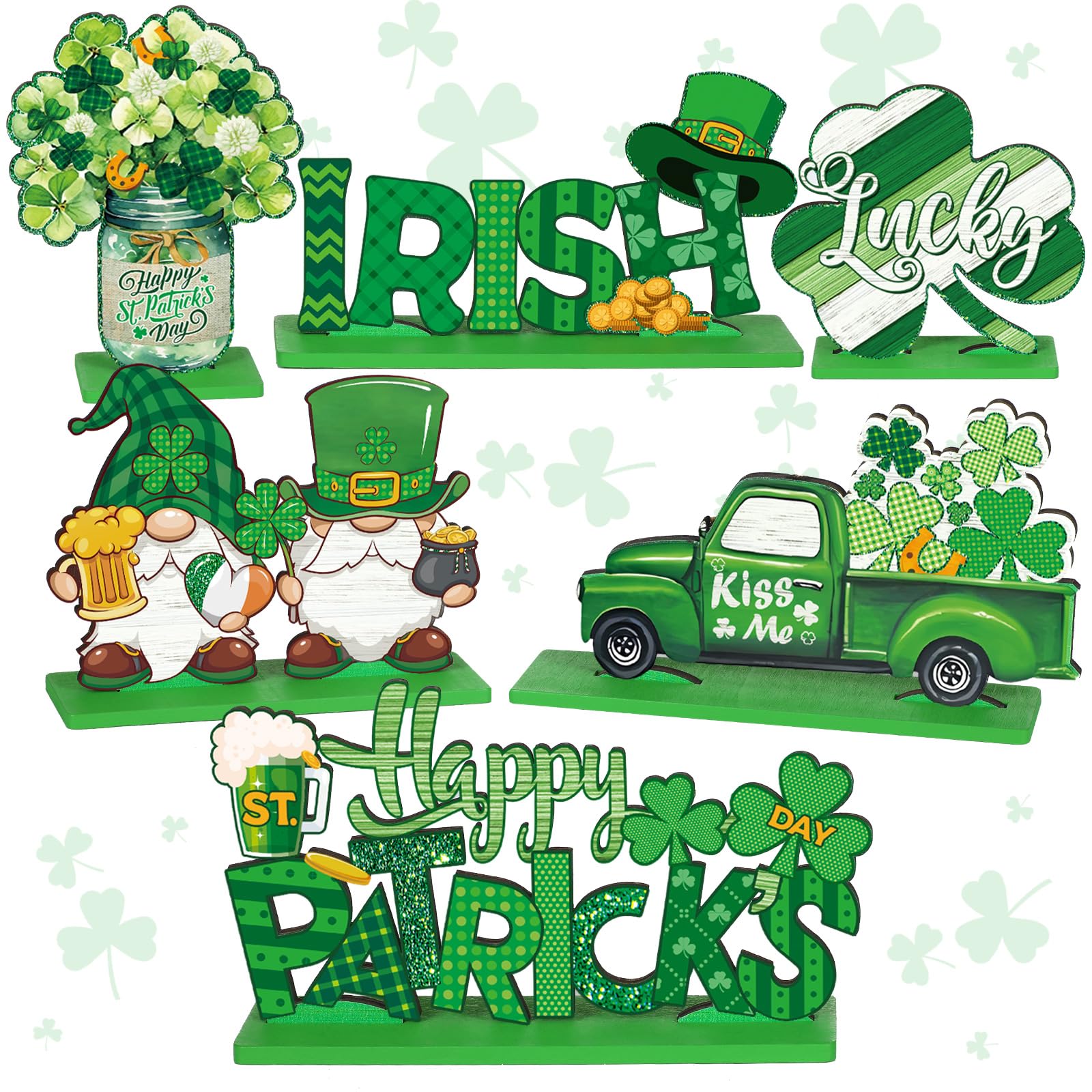 Barydat 6-Piece St. Patrick's Day Wooden Table Decor Set - Shamrock Signs, Lucky Gnome Centerpiece & Irish Plaques for Home, Party & Holiday Decorations | Perfect for Tiered Trays, Dining Tables & Festive Celebrations