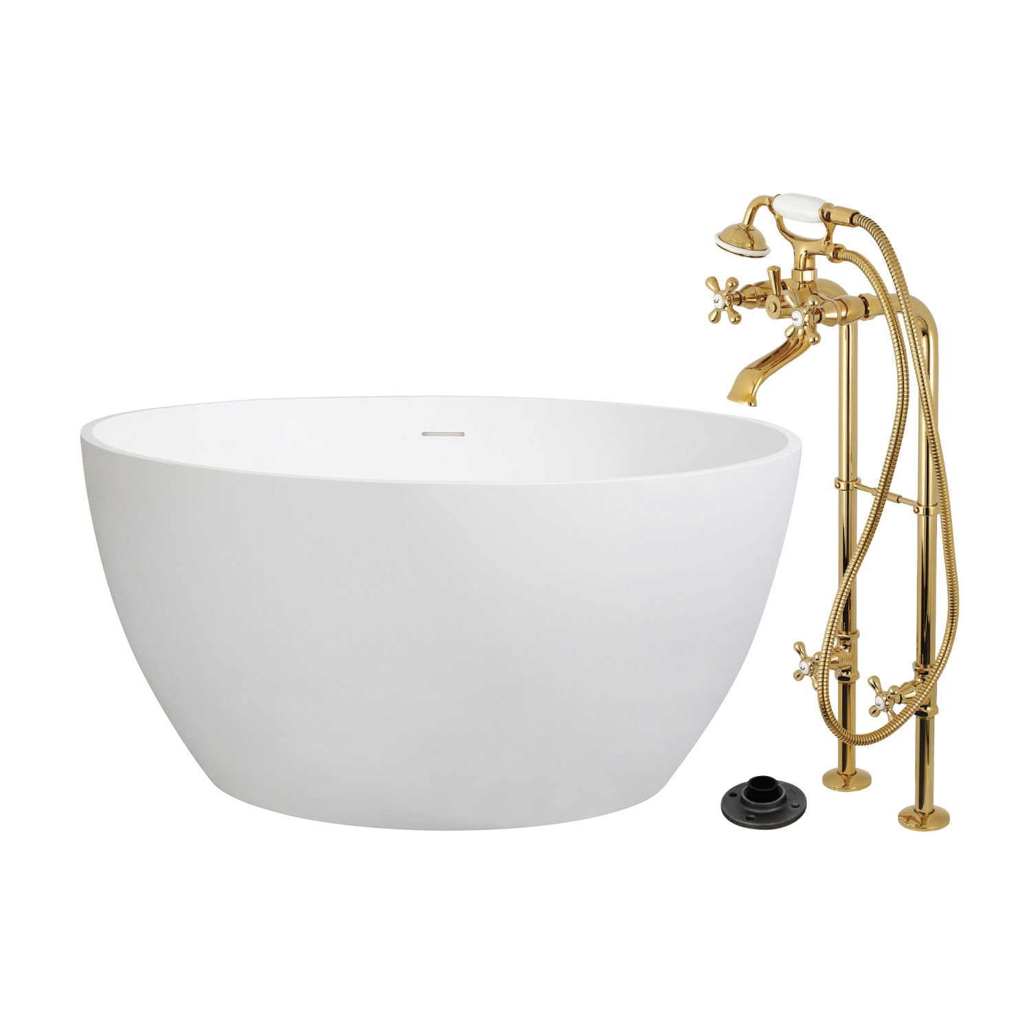 Arcticstone 45 Inch Freestanding Soaking Bathtub - Solid Surface Round Double Ended Tub with Polished Brass Faucet Combo and Drain - Perfect for Luxury Bathrooms and Spa Retreats