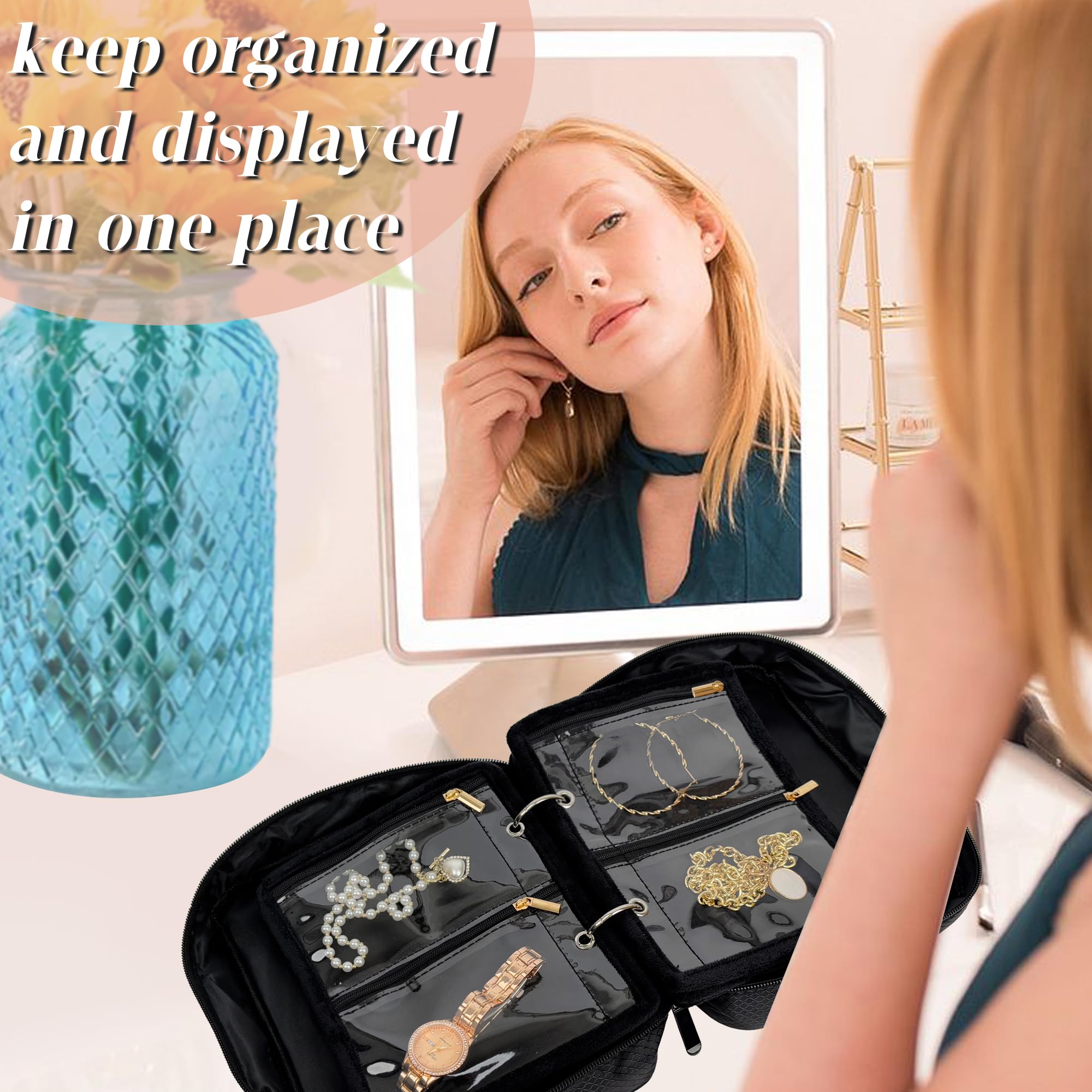 Travel Jewelry Organizer Case - 24 Pcs Clear Zipper Velvet Pouches for Earrings, Rings, Necklace, Bracelet & Watch Storage | Compact Jewelry Binder for Traveling & Organization (Black) - Perfect for Vacations, Business Trips & Daily Use