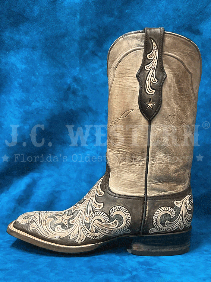 Men's Handtooled Black Jack HT 262-96 Square Toe Cowboy Boots - Vintage Chocolate & Natural Leather - Western Style for Rodeo, Country Dancing & Casual Wear