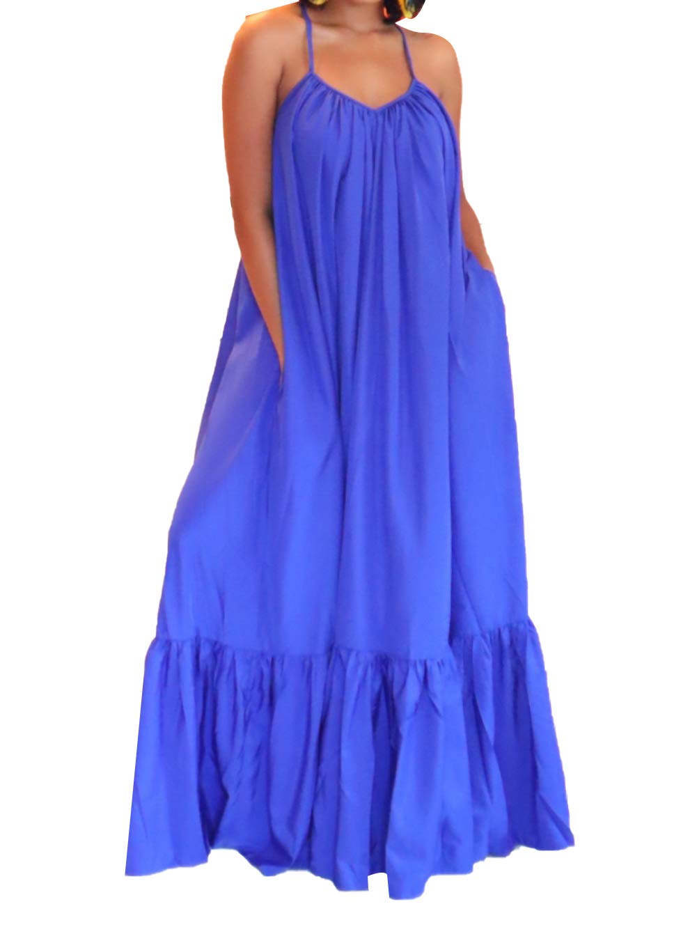 Women's Summer V-Neck Maxi Dress - Spaghetti Strap Flowy Long Cami Dress for Beach, Vacation & Casual Wear | Lightweight Breathable Sundress