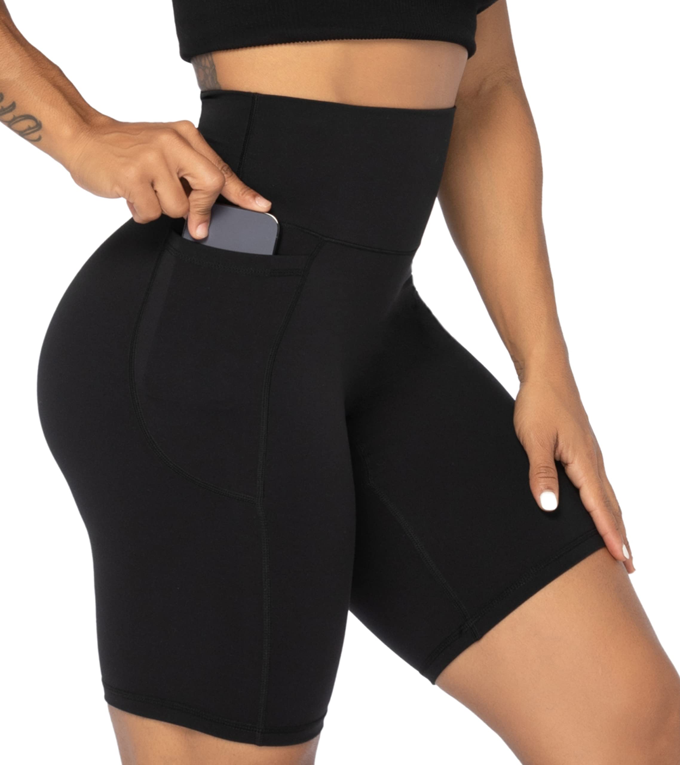 Sunzel Women's No Front Seam Biker Shorts with Pockets - High Waisted Tummy Control Yoga Workout Gym Cycling Shorts for Running, Pilates & Lounge Wear