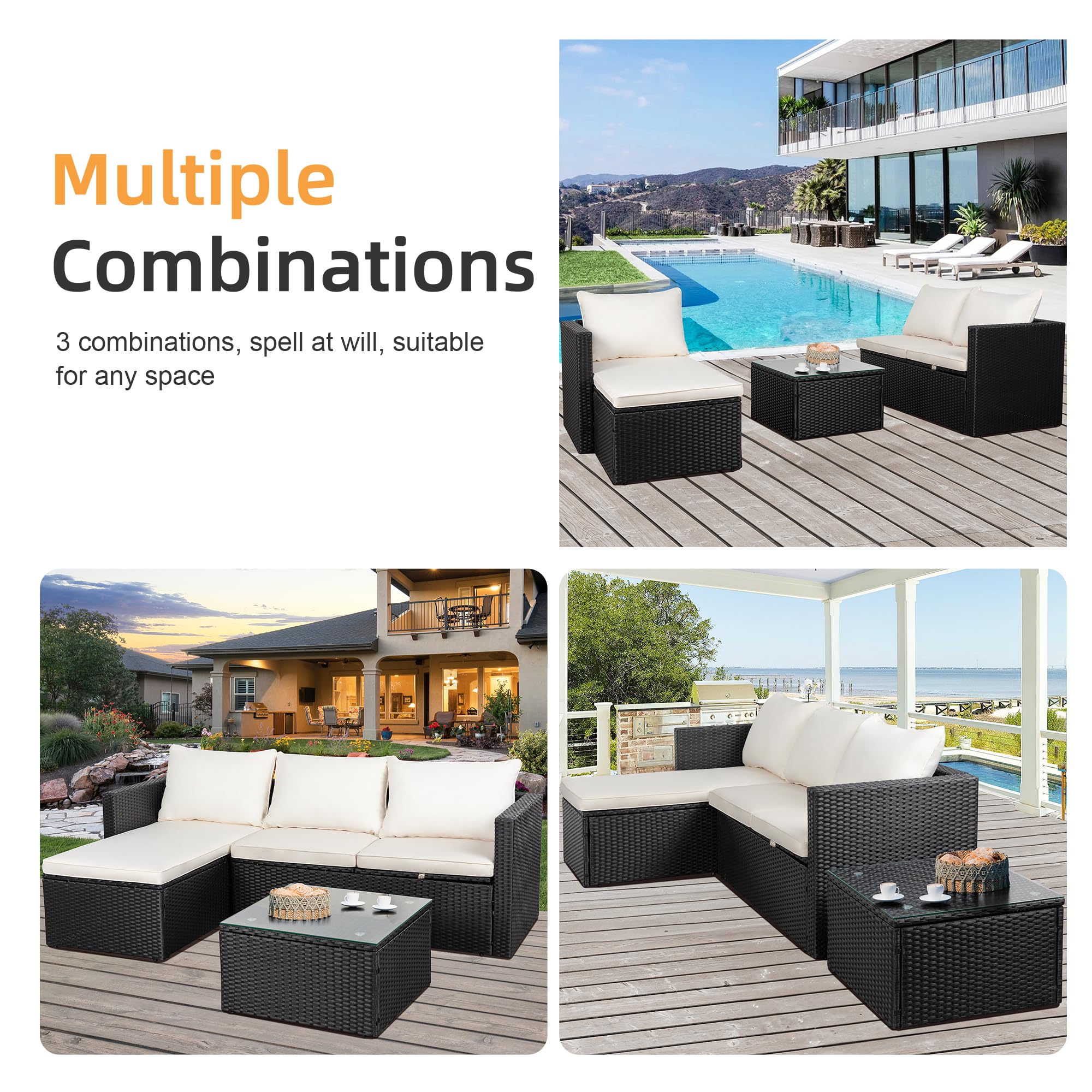 Shintenchi 3-Piece All-Weather Wicker Patio Furniture Set - Outdoor Sectional Sofa with Glass Coffee Table & Cushions (Beige) | Perfect for Backyard, Garden, Poolside & Balcony Relaxation