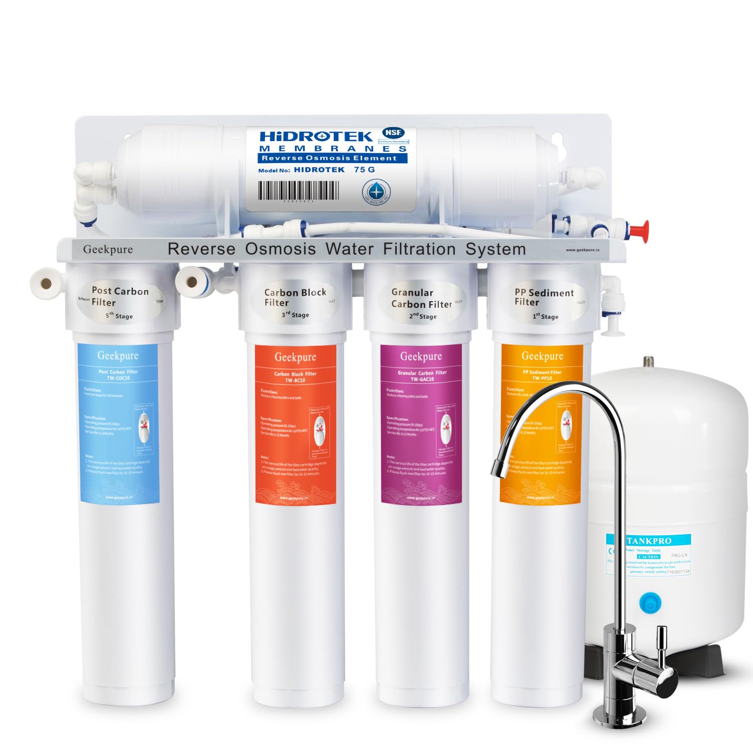Geekpure 5 Stage Reverse Osmosis Drinking Water Filter System 75 GPD - Quick Change Twist Filters for Clean & Safe Drinking Water | Under Sink Installation | Home & Office Use