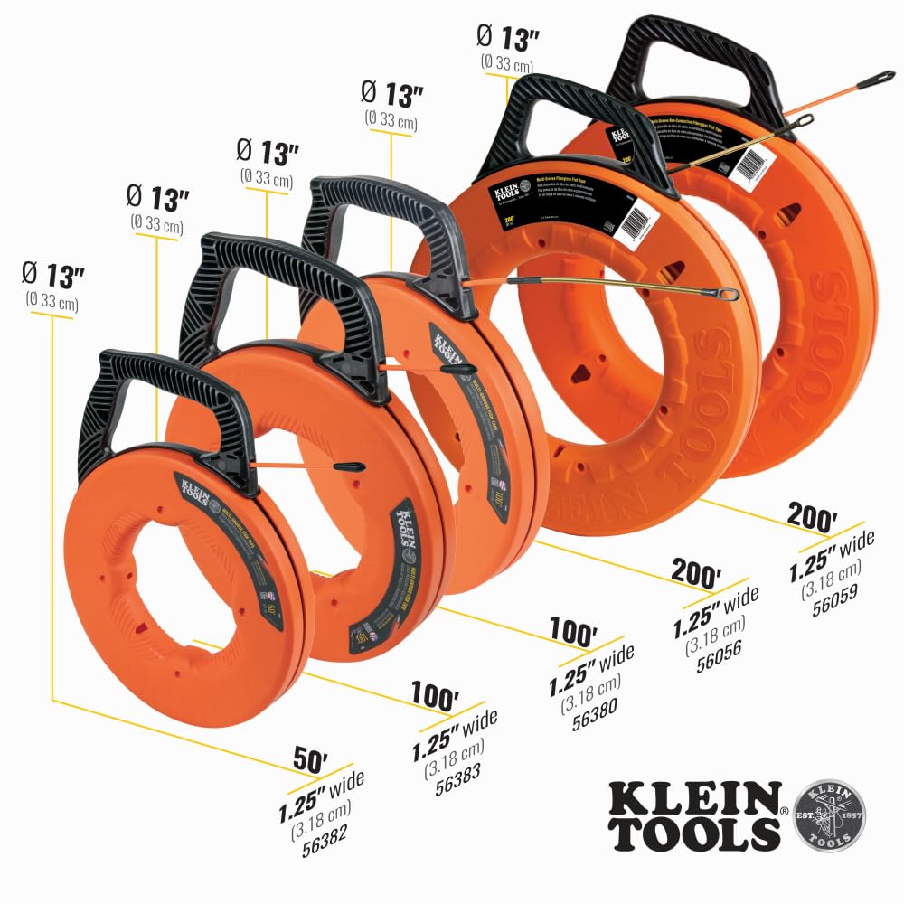 Klein Tools 56382 Non-Conductive 50-Foot Electrical Fish Tape - 3/16-Inch Multi-Groove Fiberglass Wire Puller with Optimized Housing & Handle for Electricians, DIY Home Wiring & Cable Installation