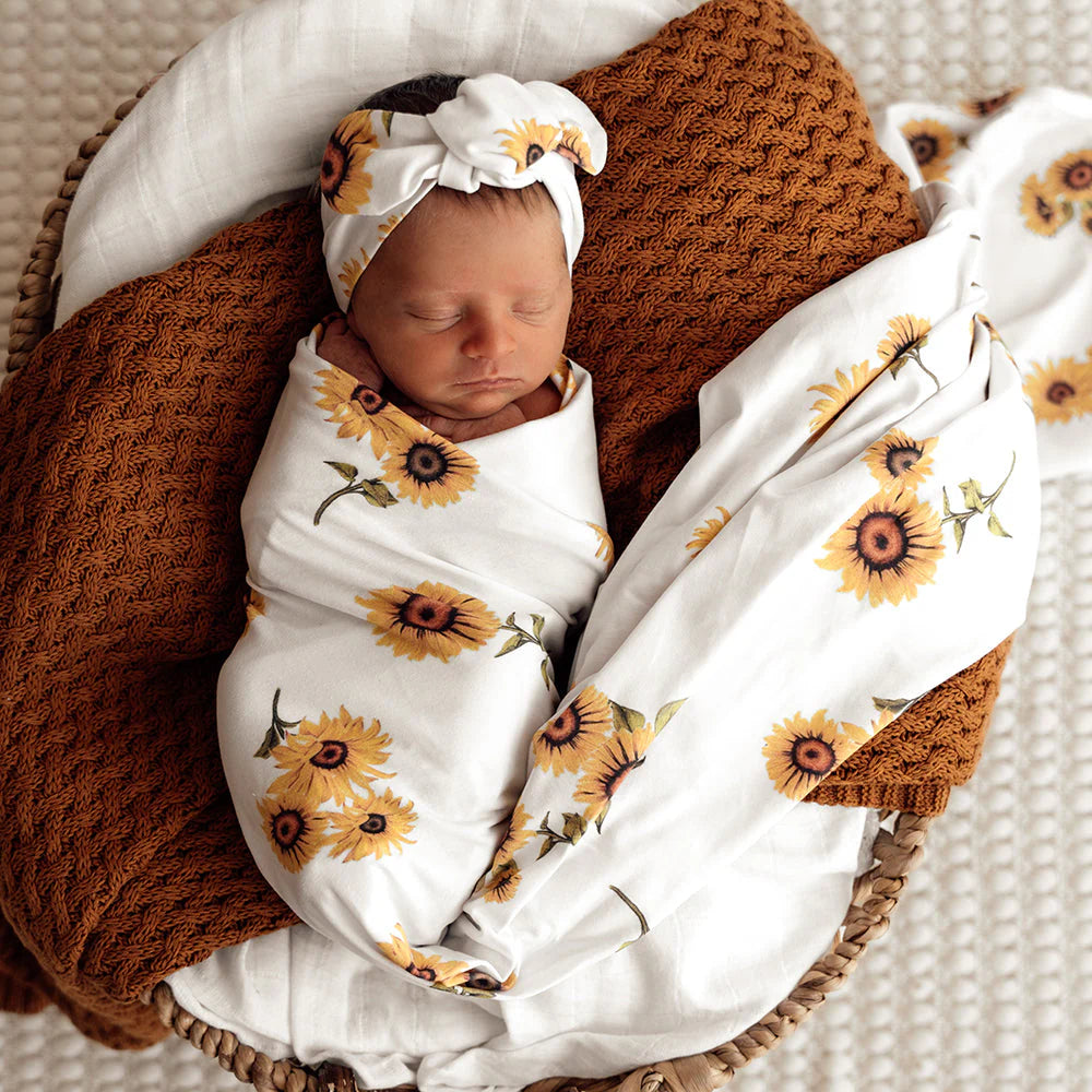 Snuggle Hunny Baby Jersey Wrap & Topknot Set - Soft Sunflower Print for Newborns & Infants - Perfect for Photo Shoots, Baby Showers & Nursery Decor