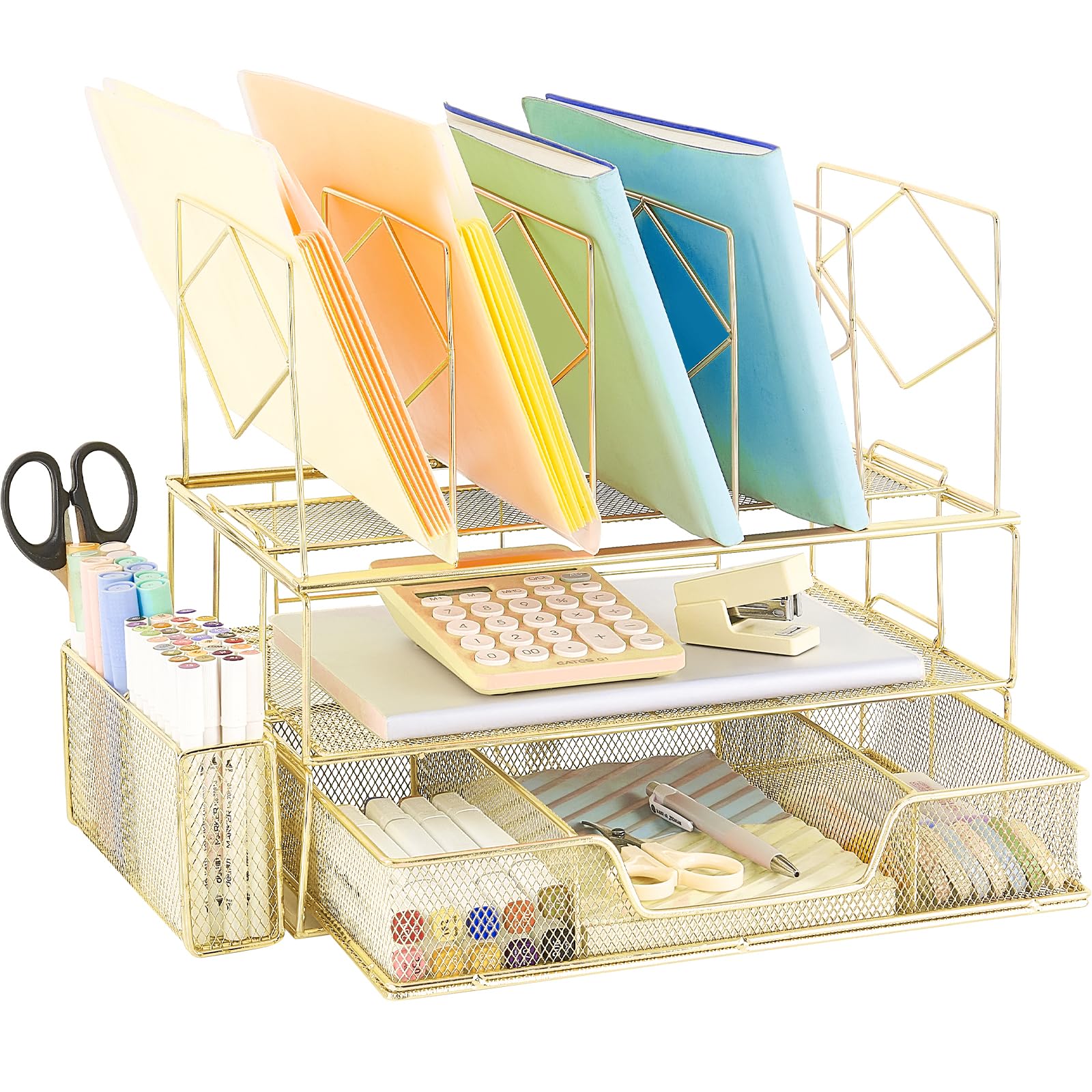 Youbetia Gold Double Tray Desk File Organizer with 5 Upright Sections, Pencil Holder & Drawer - Office Supplies for Workspace Organization | Perfect for Home Office, Study Desk & Office Workstation Accessories