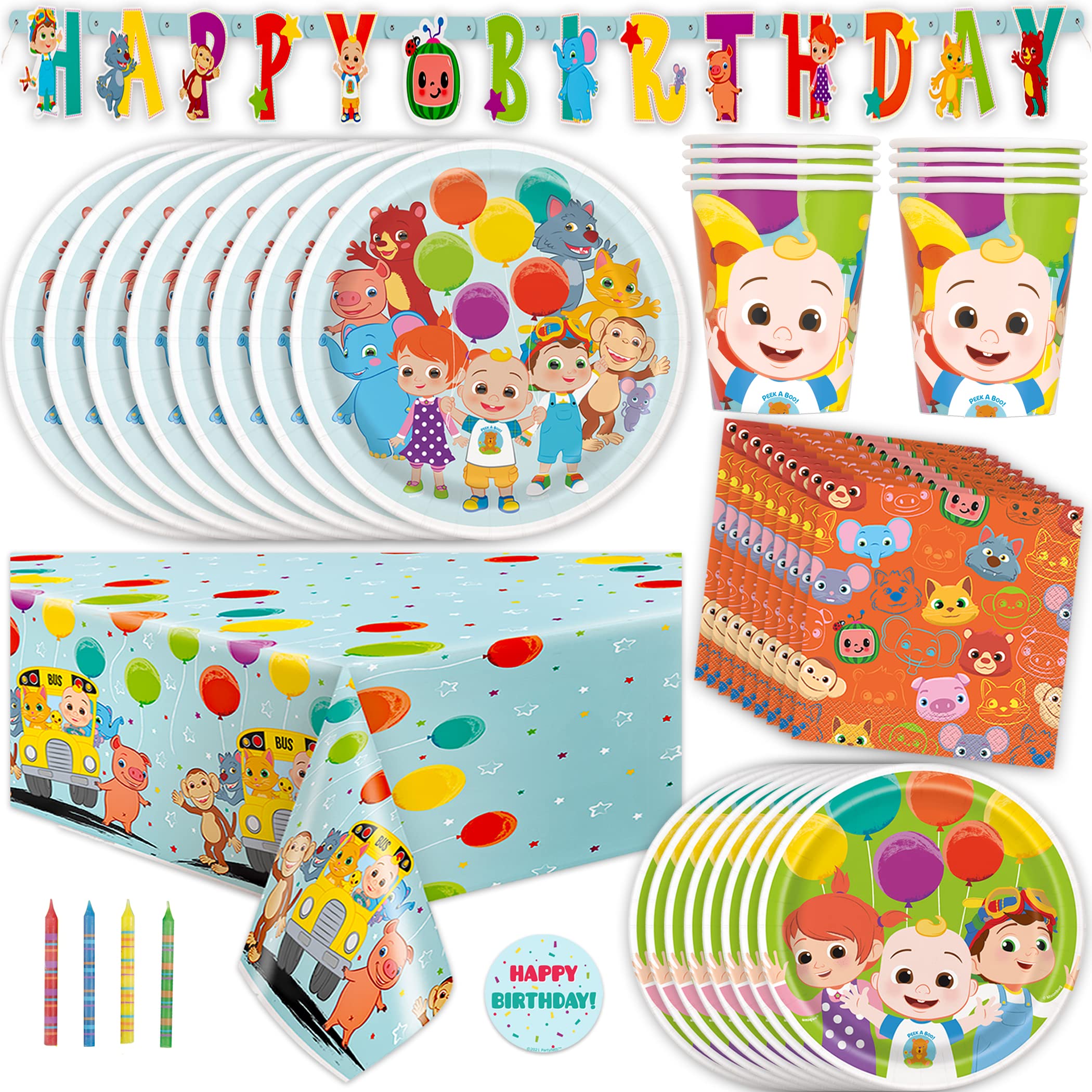 Cocomelon Birthday Party Supplies Set - 16-Piece Decorations Kit with Banner, Table Cover, Plates, Napkins, Cups & Stickers | Perfect for Kids' Birthday Parties, Baby Showers & Themed Events
