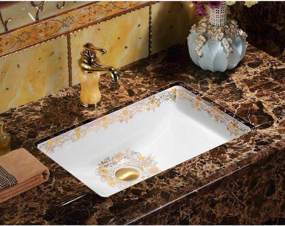 Golden Flower Rectangular Ceramic Vessel Sink - Oval Undercounter Bathroom Basin for Modern Vanity | Perfect for Powder Rooms, Guest Baths & Luxury Home Renovations