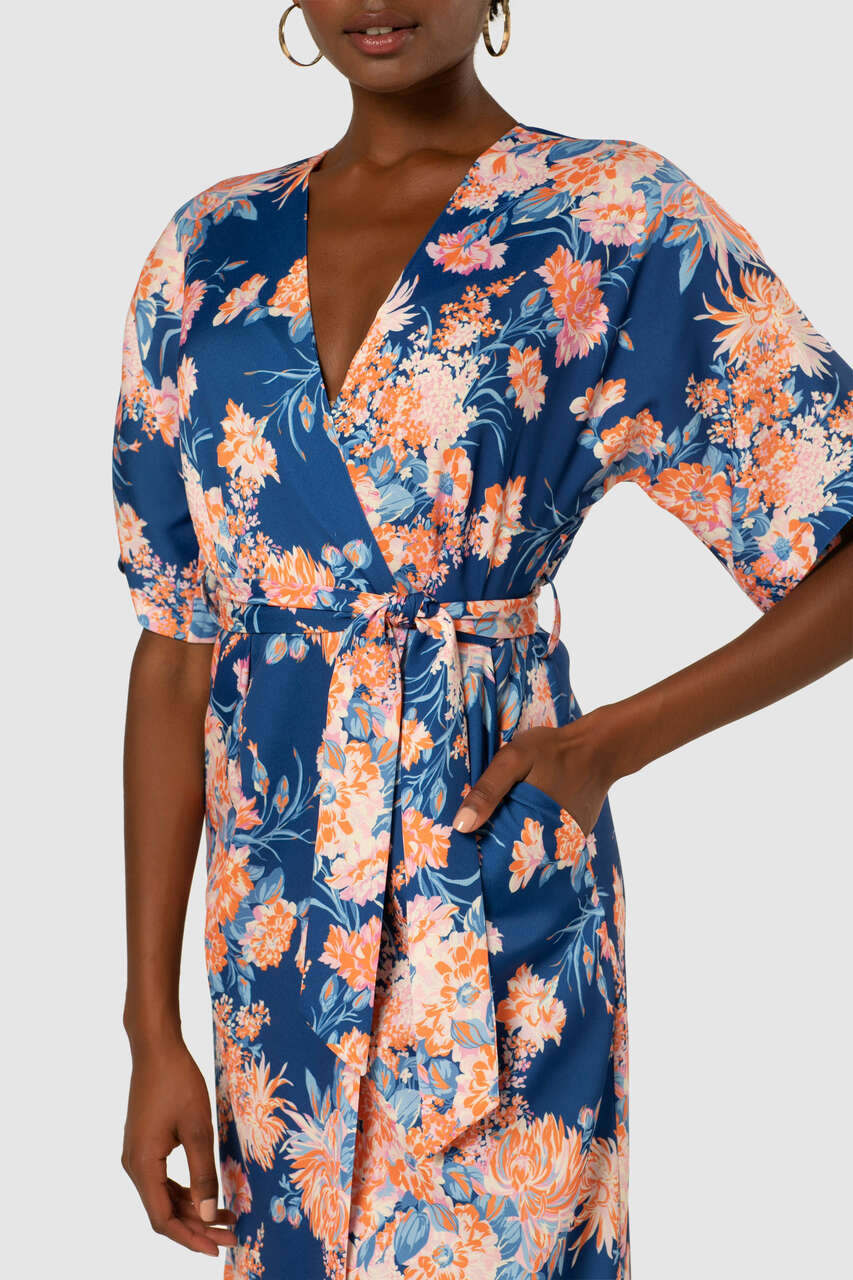 Daria Floral Print Kimono Midi Dress for Women - Navy Blue Boho Summer Dress for Beach, Vacation & Casual Wear