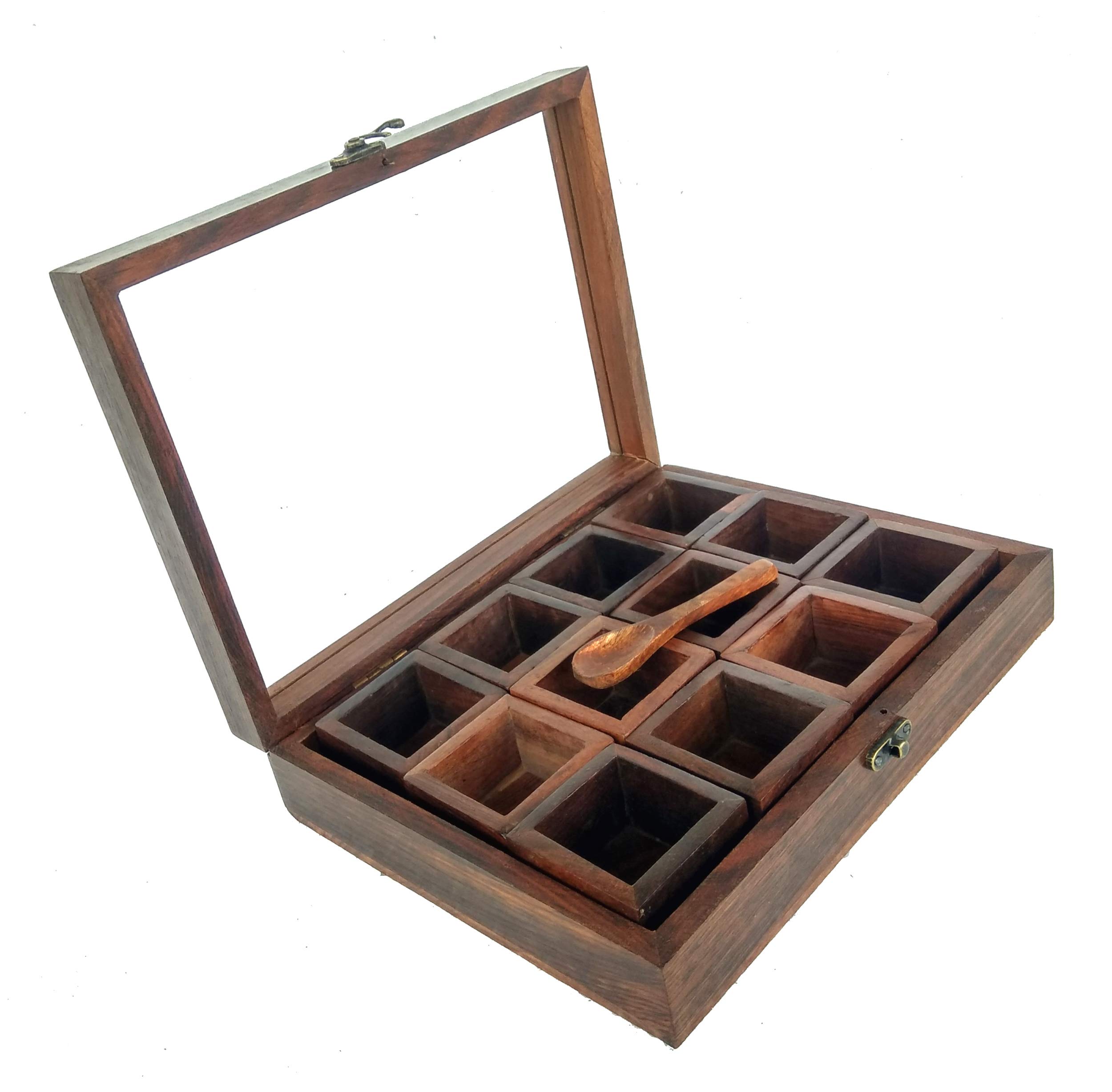 Rastogi Handicrafts 12-Slot Spice Organizer Box - Premium Masala Rack & Tea Bag Storage Container - Perfect Christmas Gift for Kitchen Organization & Home Decor