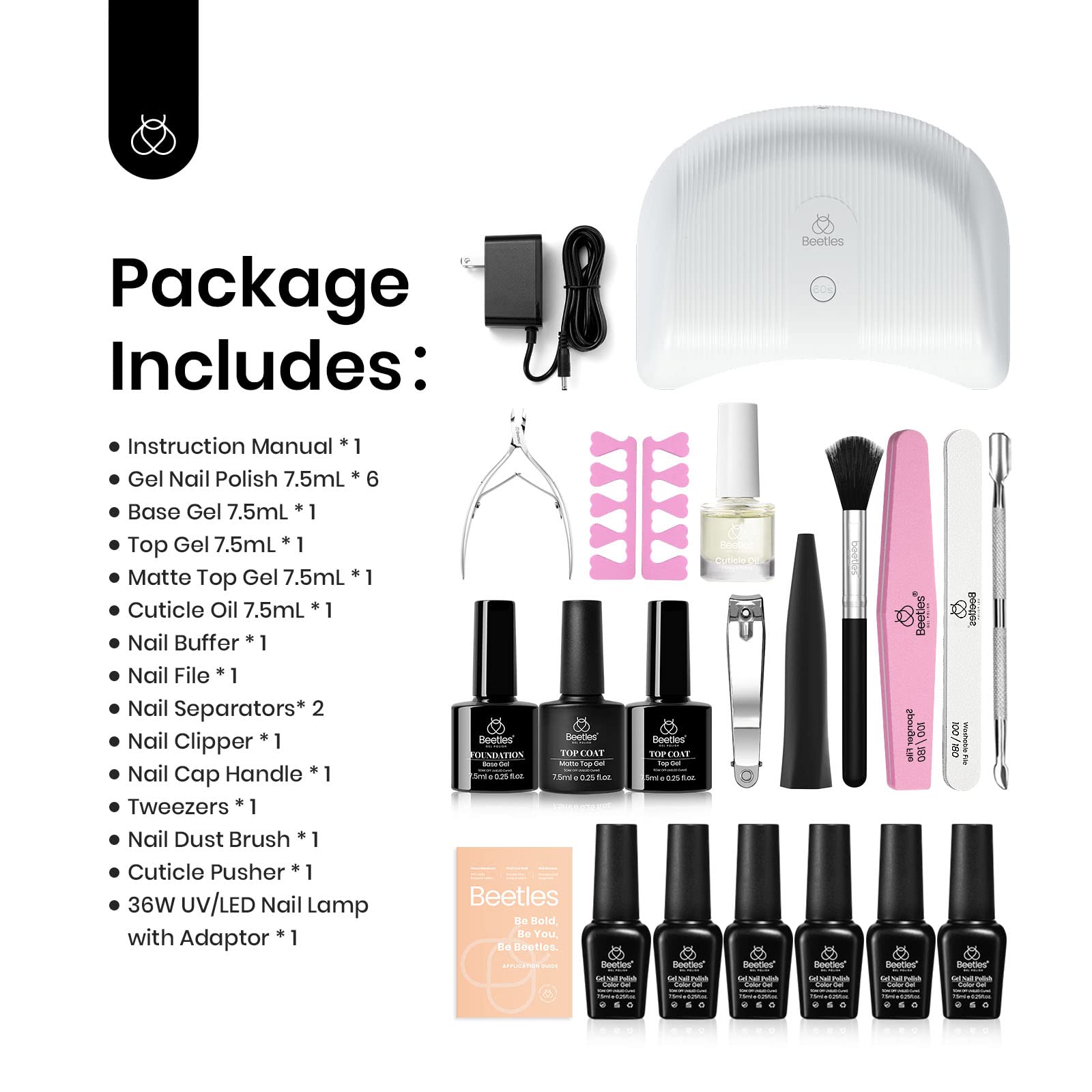 Beetles Gel Nail Polish Kit with UV Light - 6 Colors (Pink, White, Nude & Glitter) + Base Coat, Glossy & Matte Top Coat | Soak Off UV Manicure Set | Perfect Valentine's Gift for Women | DIY Salon-Quality Nails at Home