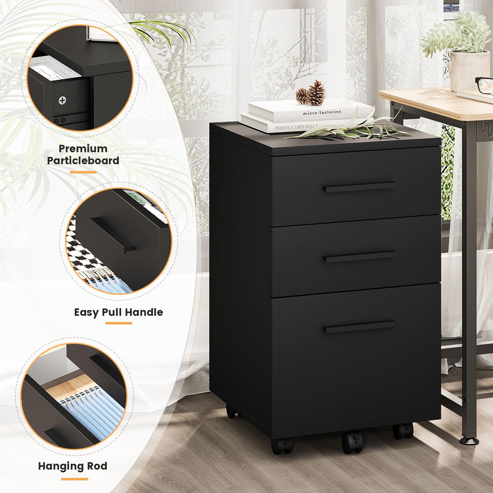 VICLLAX 3-Drawer Mobile File Cabinet with Lockable Wheels - Black Under Desk Vertical Storage Organizer for Office, Home & School - Perfect for Documents, Folders & Office Supplies