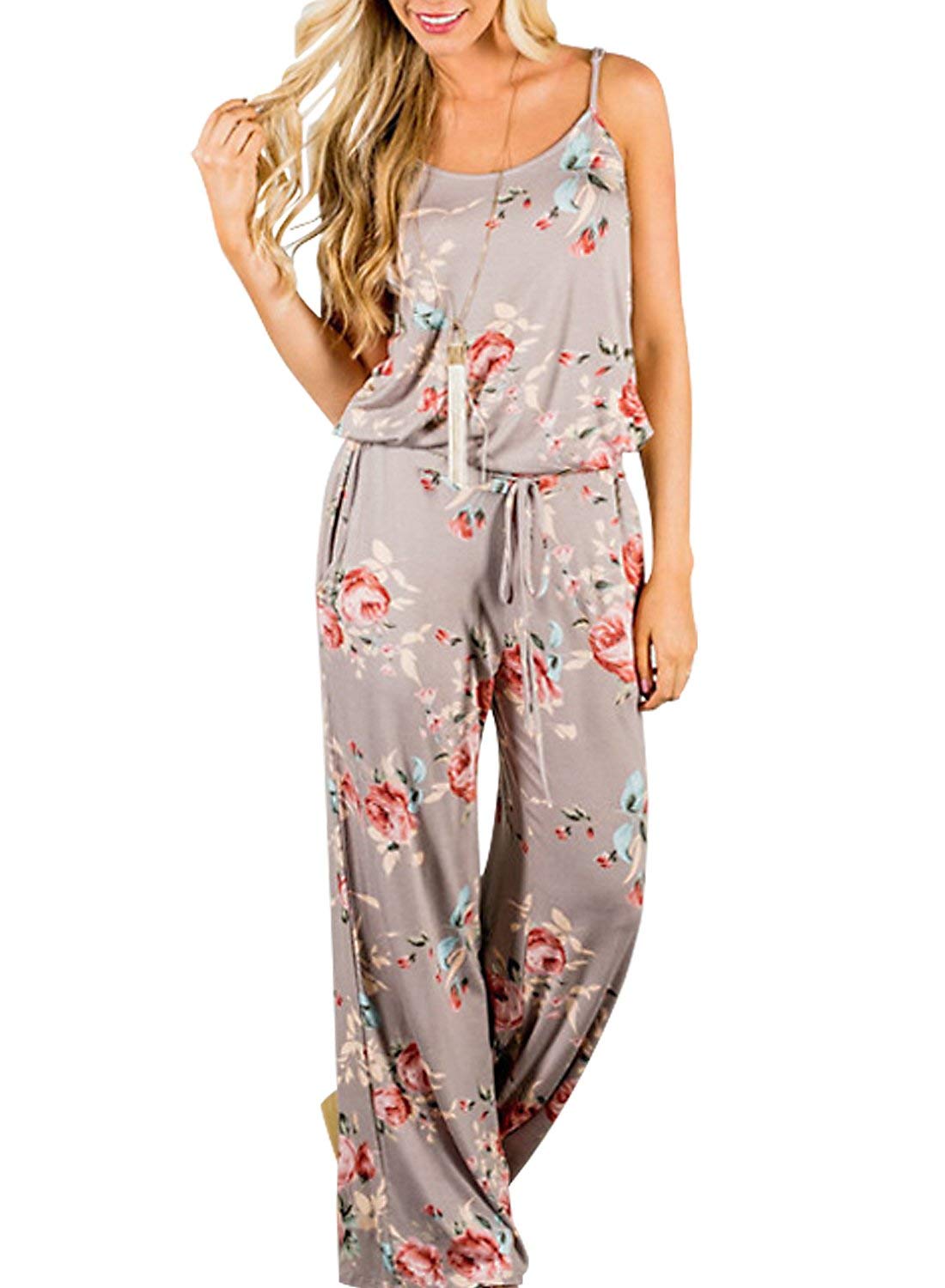 BLOSSOMLIFE Women's Floral Print Jumpsuit - Sexy Solid Color Romper with Pockets | Casual Comfortable Striped Jumpsuit for Summer Outfits, Beach Wear & Date Night