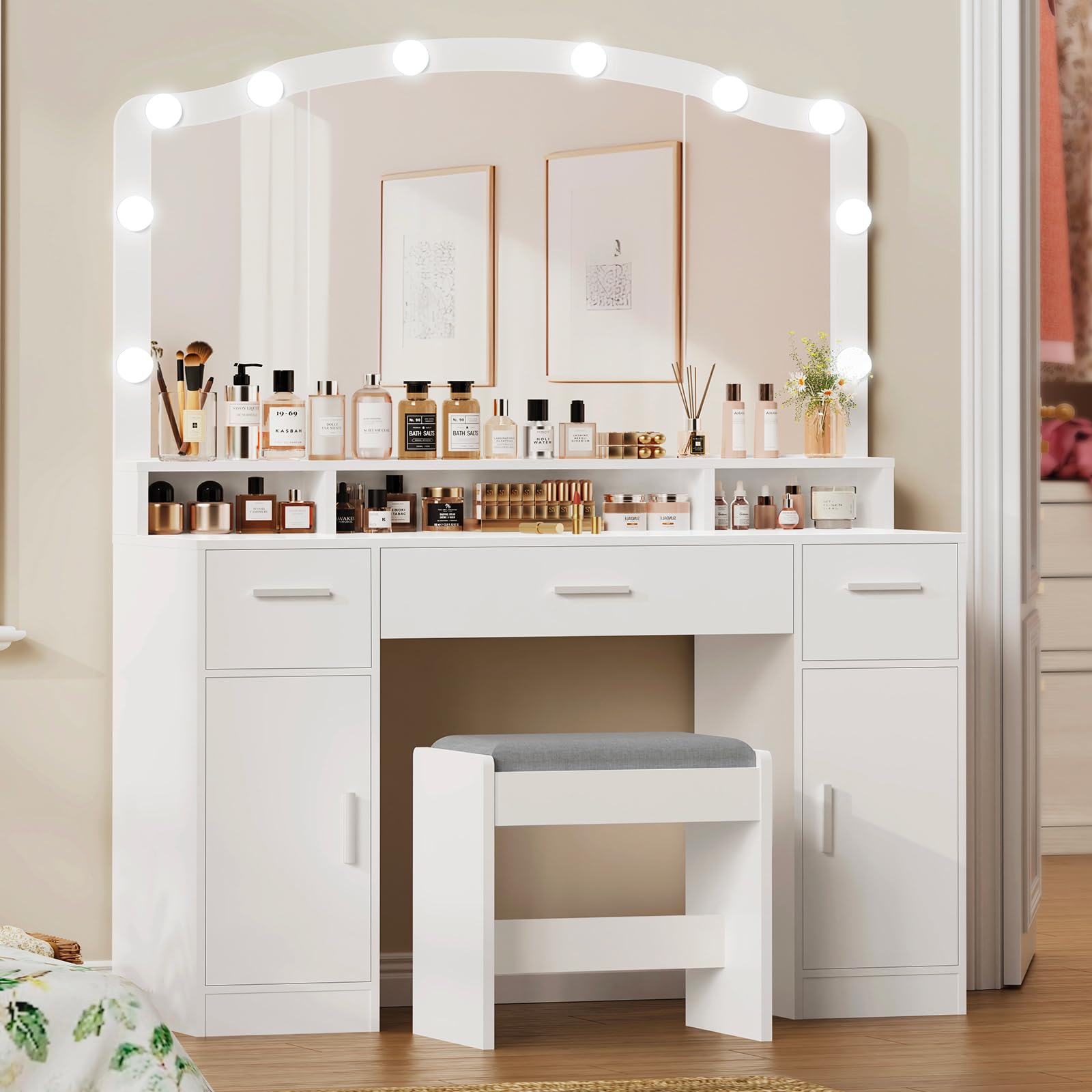 USIKEY White Makeup Vanity with Lights - 10 LED Dressing Table with 3 Drawers, 2 Cabinets & Storage Shelf, Includes Stool - Perfect for Women & Girls Bedroom, Beauty Salon or Dressing Room