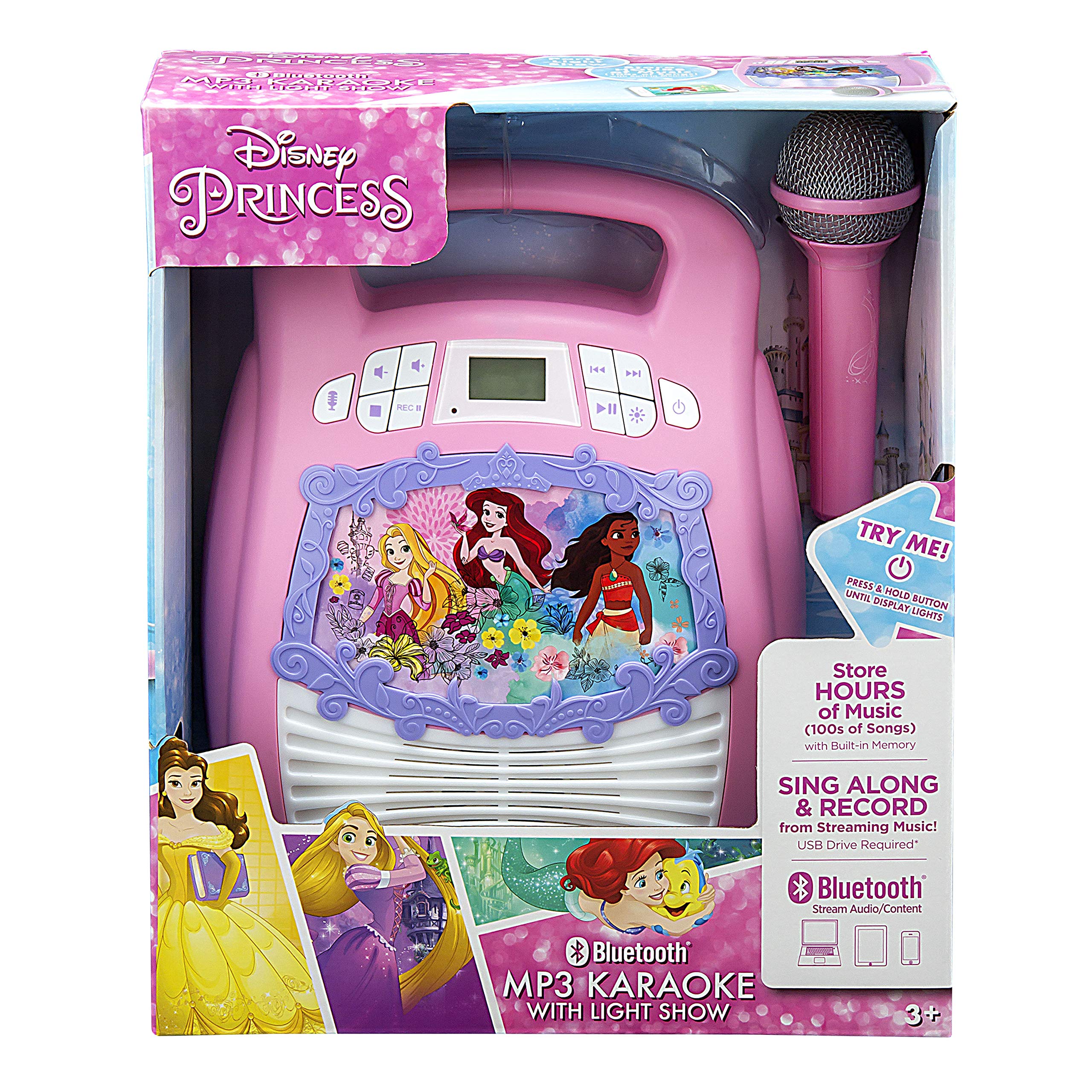 eKids Disney Princess Karaoke Machine for Kids - Bluetooth Speaker with Wireless Microphone, Karaoke Recorder & USB Port to Save Performances | Perfect Disney Princess Gift for Birthday Parties, Playdates & Family Fun Nights
