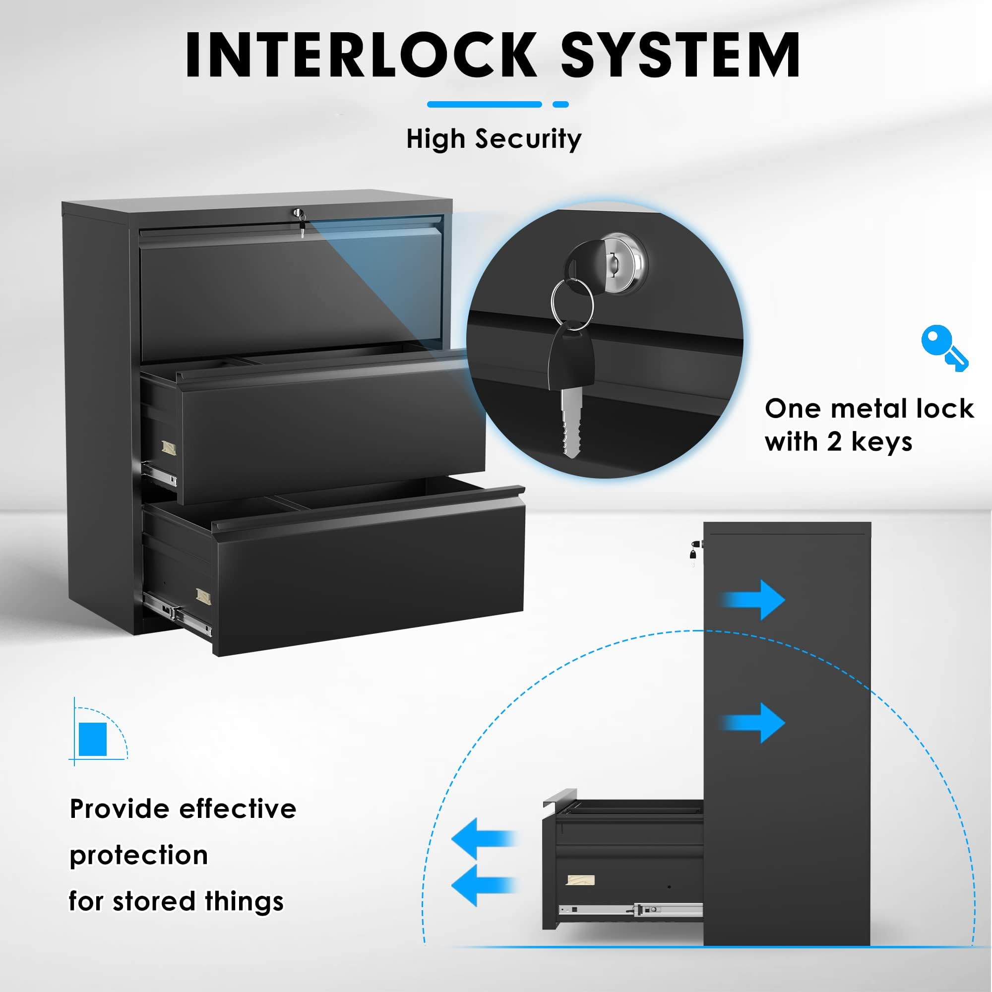 Pataku 3-Drawer Metal Lateral File Cabinet with Lock - Steel Office & Home Filing Cabinet for Letter, Legal, F4 & A4 Hanging Files - Wide Storage Organization Solution for Documents, Records & Office Supplies (Black)
