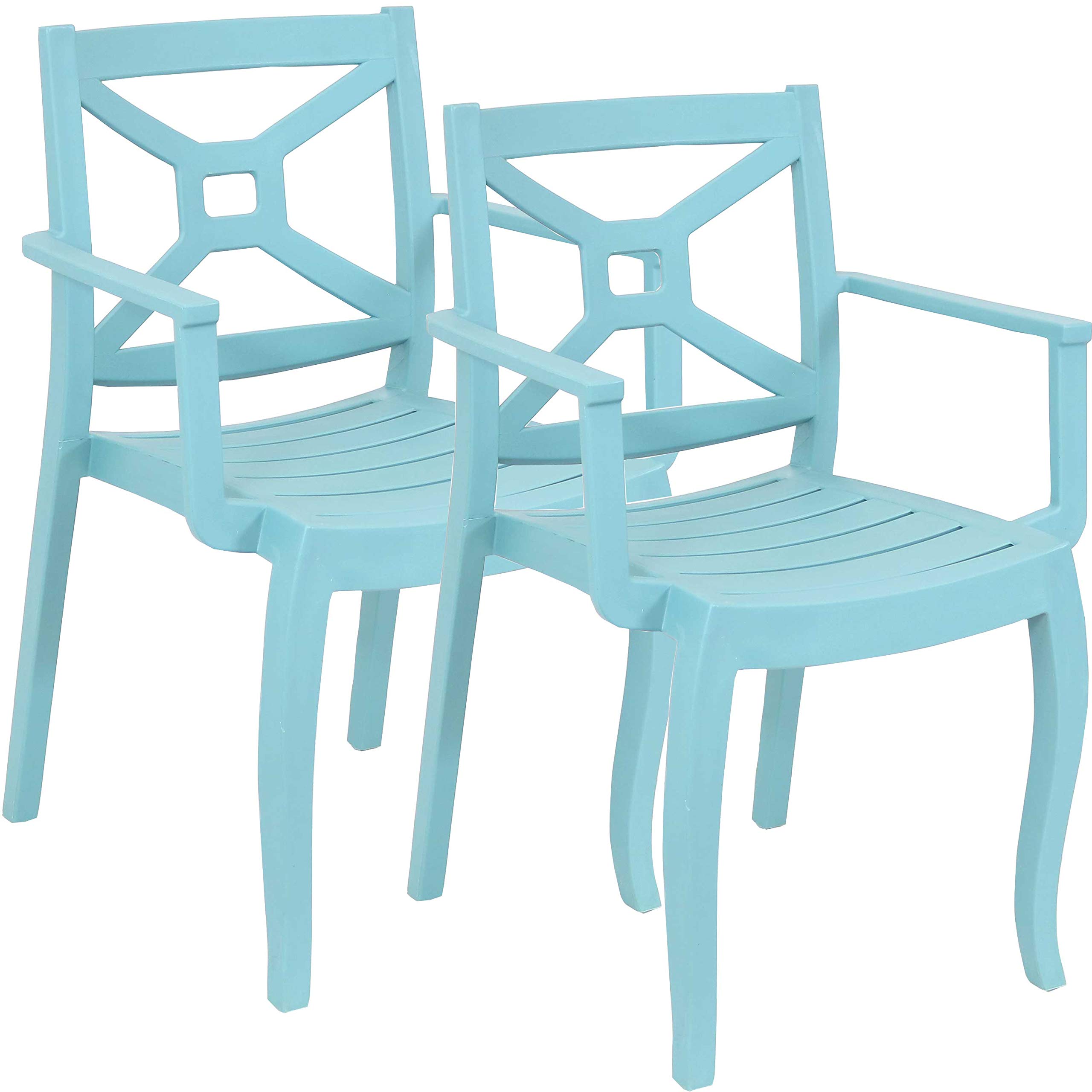 Sunnydaze Tristana 2-Piece Plastic Outdoor Patio Arm Chair Set - Stackable Garden & Deck Furniture for Porch, Balcony, Lawn, Backyard & Sunroom - Weather-Resistant Blue Chairs - Perfect for Poolside Lounging, Outdoor Dining & Relaxation