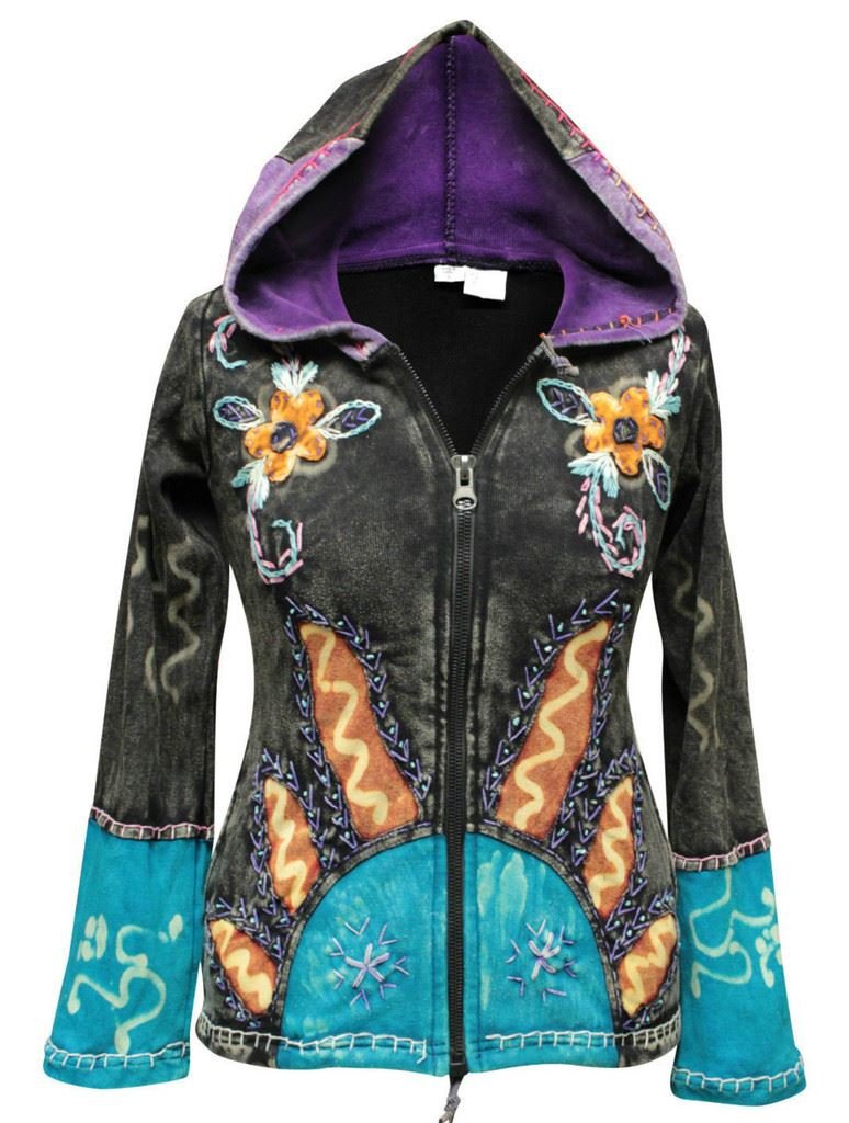 Women's Floral Hippie Goth Zip-Up Hooded Winter Jacket - Boho Sun Flame Print - Cozy Warm Outerwear for Casual Wear, Music Festivals & Street Style