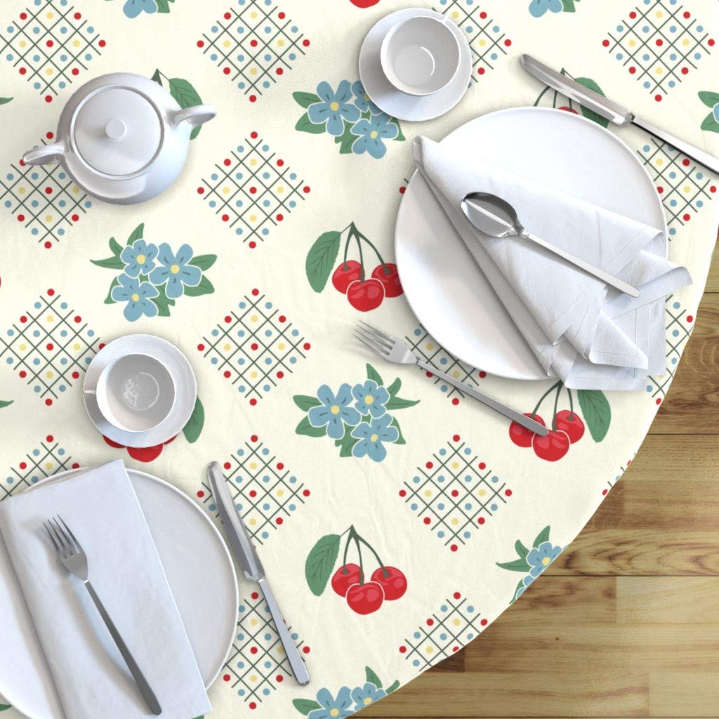 Vintage 1940s Style Floral Printed Cotton Sateen Tablecloth - 90 Inch Round Cherry Blossom Design Retro Kitchen Decor for Dining Room & Outdoor Picnics
