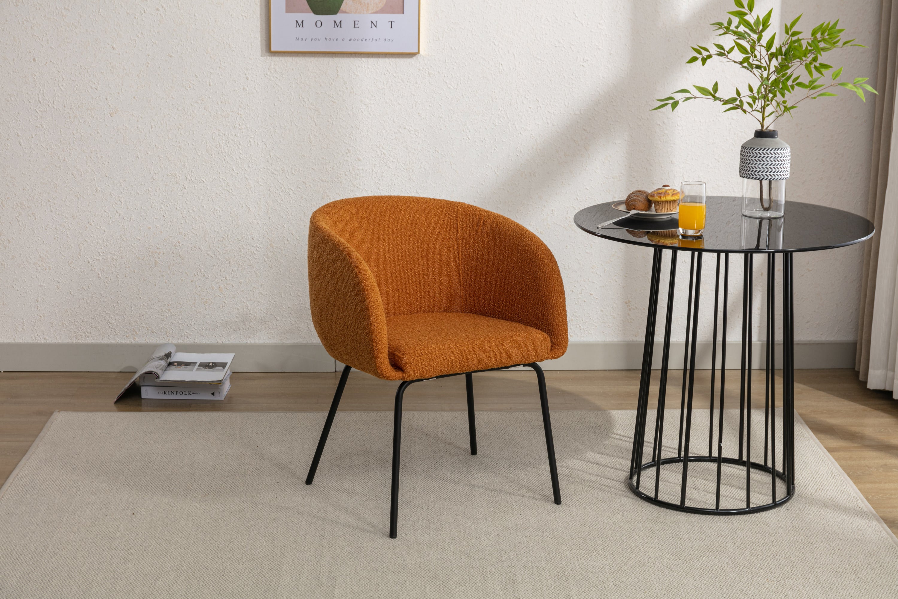 Boucle Fabric Dining Chair with Black Metal Legs - Set of 1 - Modern Upholstered Side Chair for Kitchen, Dining Room & Office