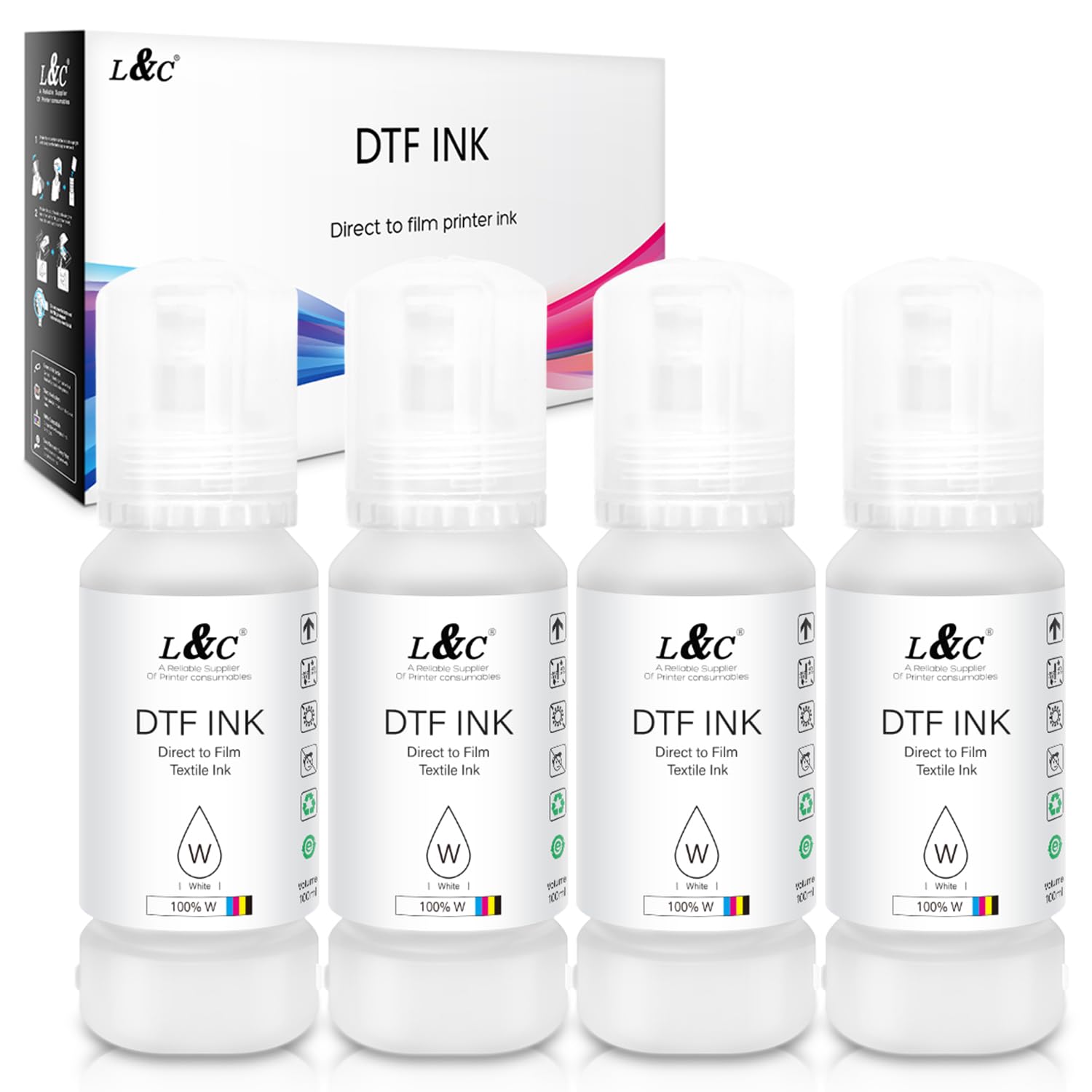 L&C White DTF Ink for Epson ET-8550 Printer - 100ml x 4 Bottles Refill - Heat Transfer Printing Ink for Custom T-Shirts, Hoodies & DIY Projects