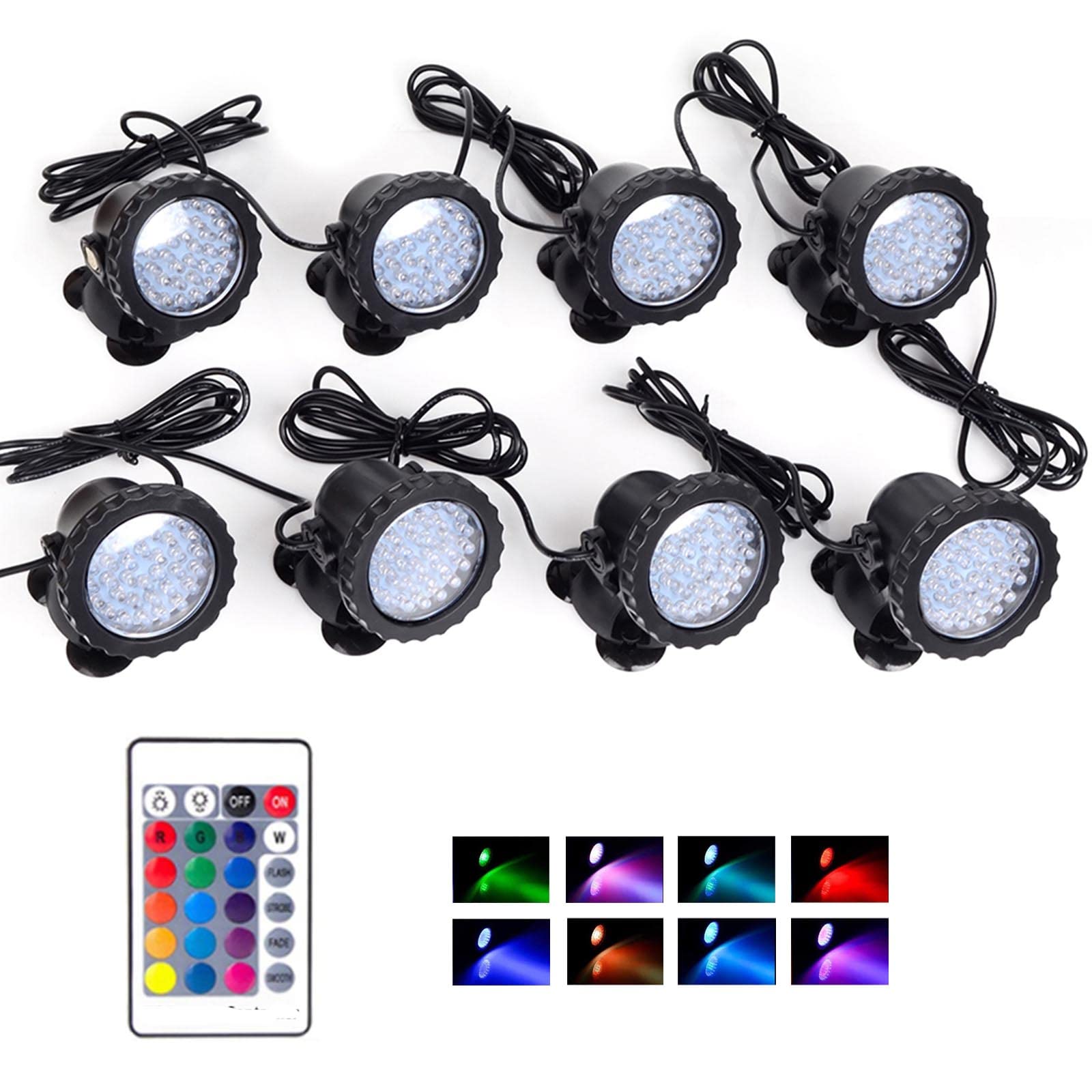 36 LED Underwater Pond Lights - IP68 Waterproof Submersible Spot Lights with Remote Control, Multi-Color Dimmable Adjustable Landscape Lighting for Yard, Fountain, Pool & Garden Decoration (Set of 8)