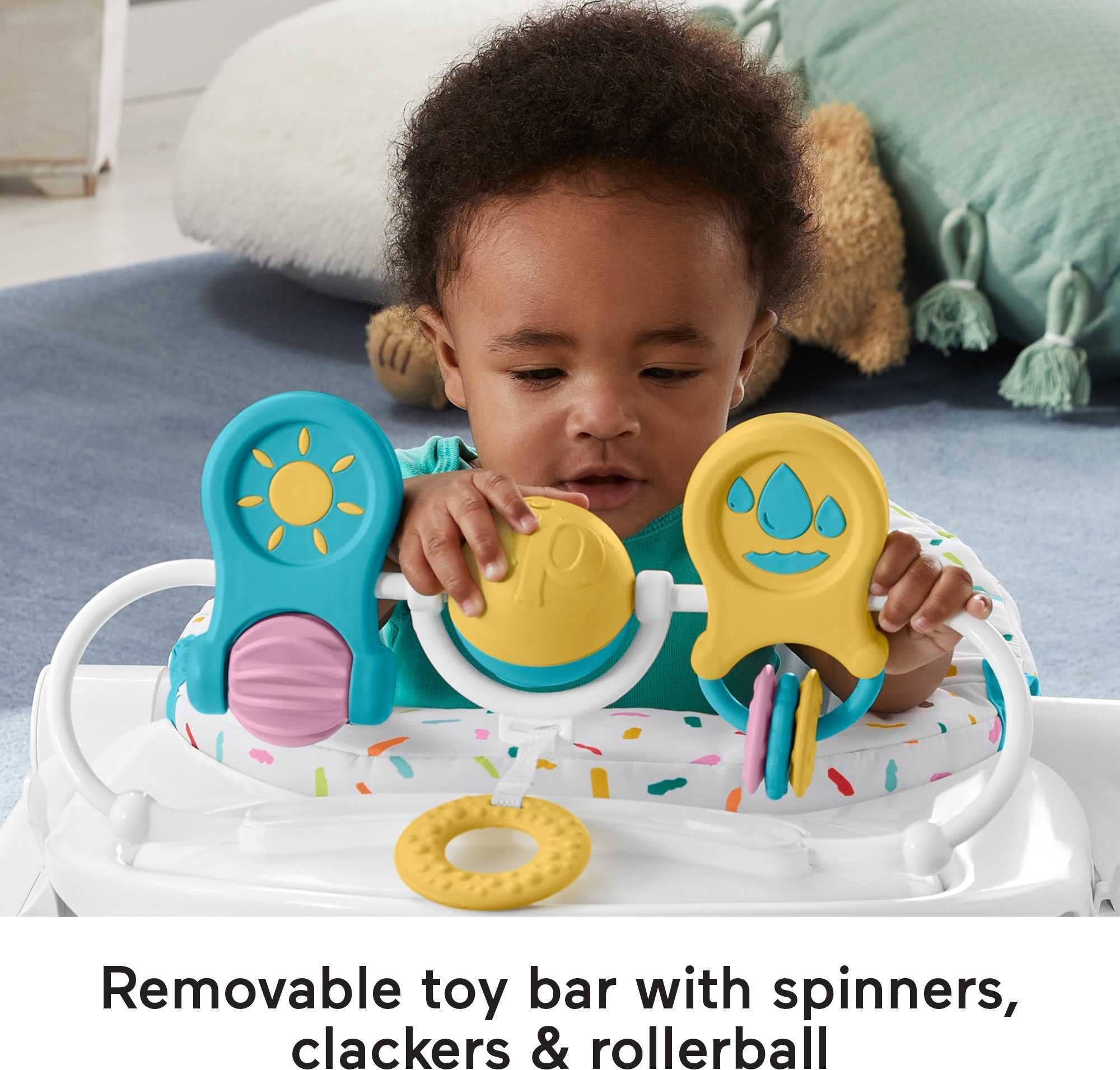Fisher-Price 3-in-1 Spin & Sort Activity Center Happy Dots - Infant to Toddler Learning Toy with Portable Baby Chair, Snack Tray & Toy Bar - Rainbow Sprinkles Design for Early Development & Playtime Fun - Perfect for Home, Daycare or Travel Use