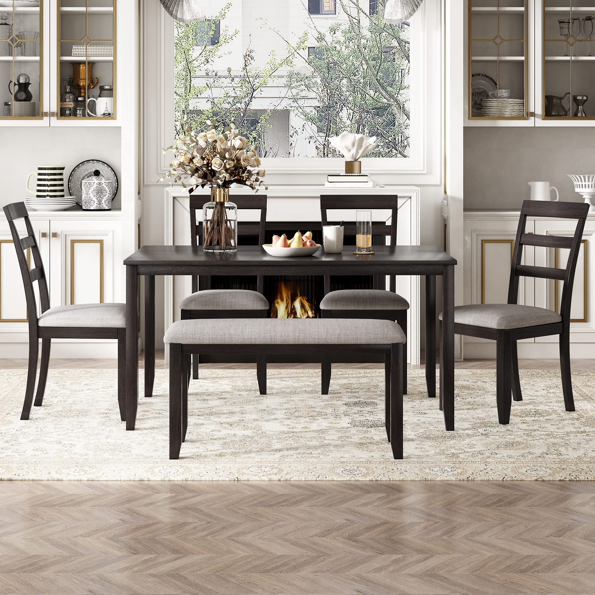 Quarte 6-Piece Wooden Dining Table Set with Fabric Cushion - Kitchen Table, Chairs & Bench - Rustic Home Furniture for Dining Room, Bistro, Breakfast Nook & Small Space Living