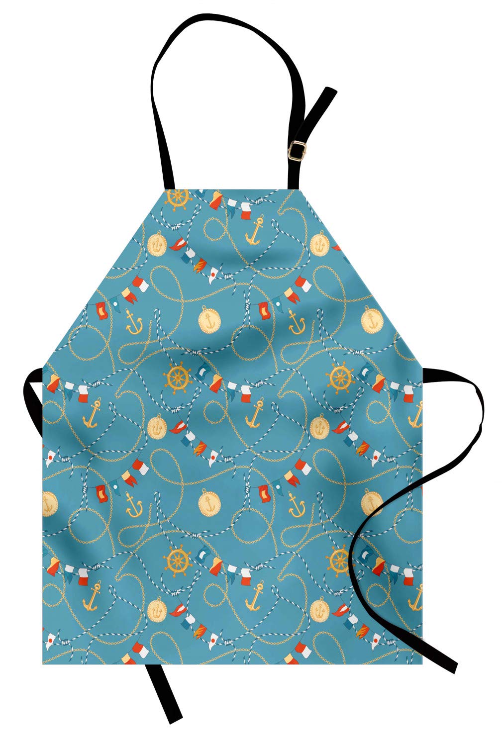 Ambesonne Blue Nautical Apron - Sailor Anchor Medals Chains Flags Steering Wheel Print - Adjustable Unisex Kitchen Bib for Cooking, Baking & Grilling - Perfect for Home Chefs, BBQ Parties & Gardening - Adult Size in Cadet Blue & Beige