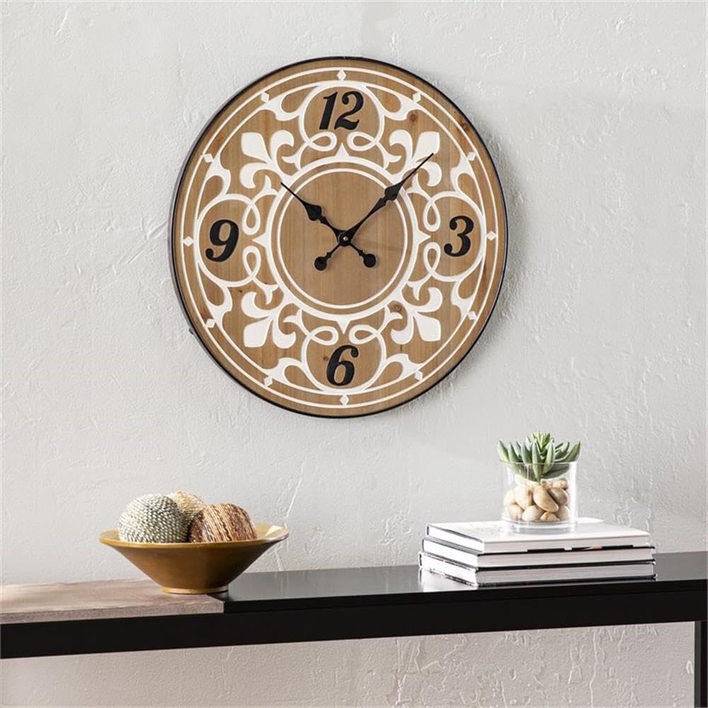 SEI Furniture Aprille Round Wall Clock - Natural Wooden Design for Home & Office Decor | Perfect for Living Room, Bedroom, Kitchen & Office Spaces