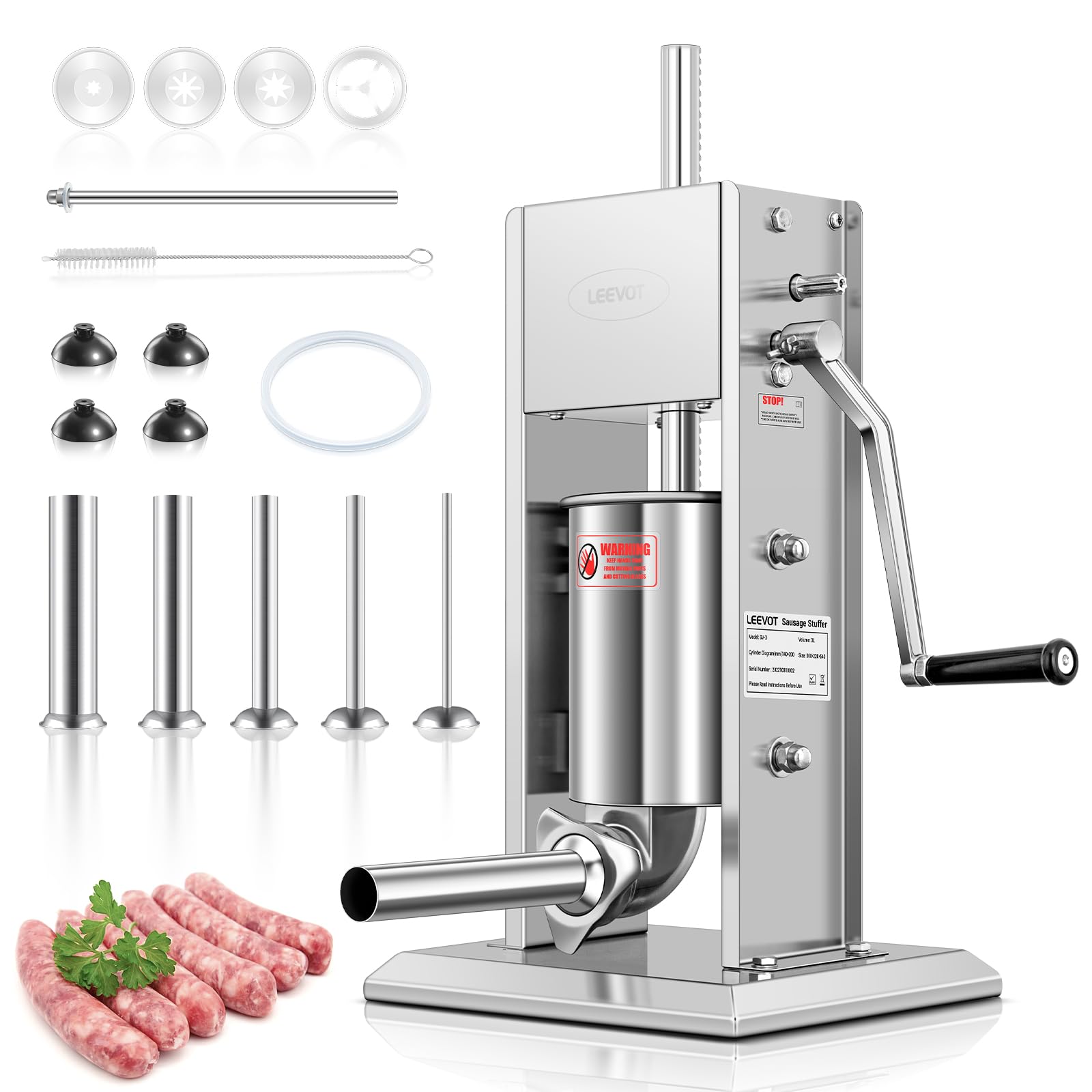 **7Lb/3L Stainless Steel Sausage Stuffer Maker - 304 Adjustable 2-Speed with 5 Filling Tubes (Silver) - Perfect for Home Kitchen, BBQ, and Sausage Making**