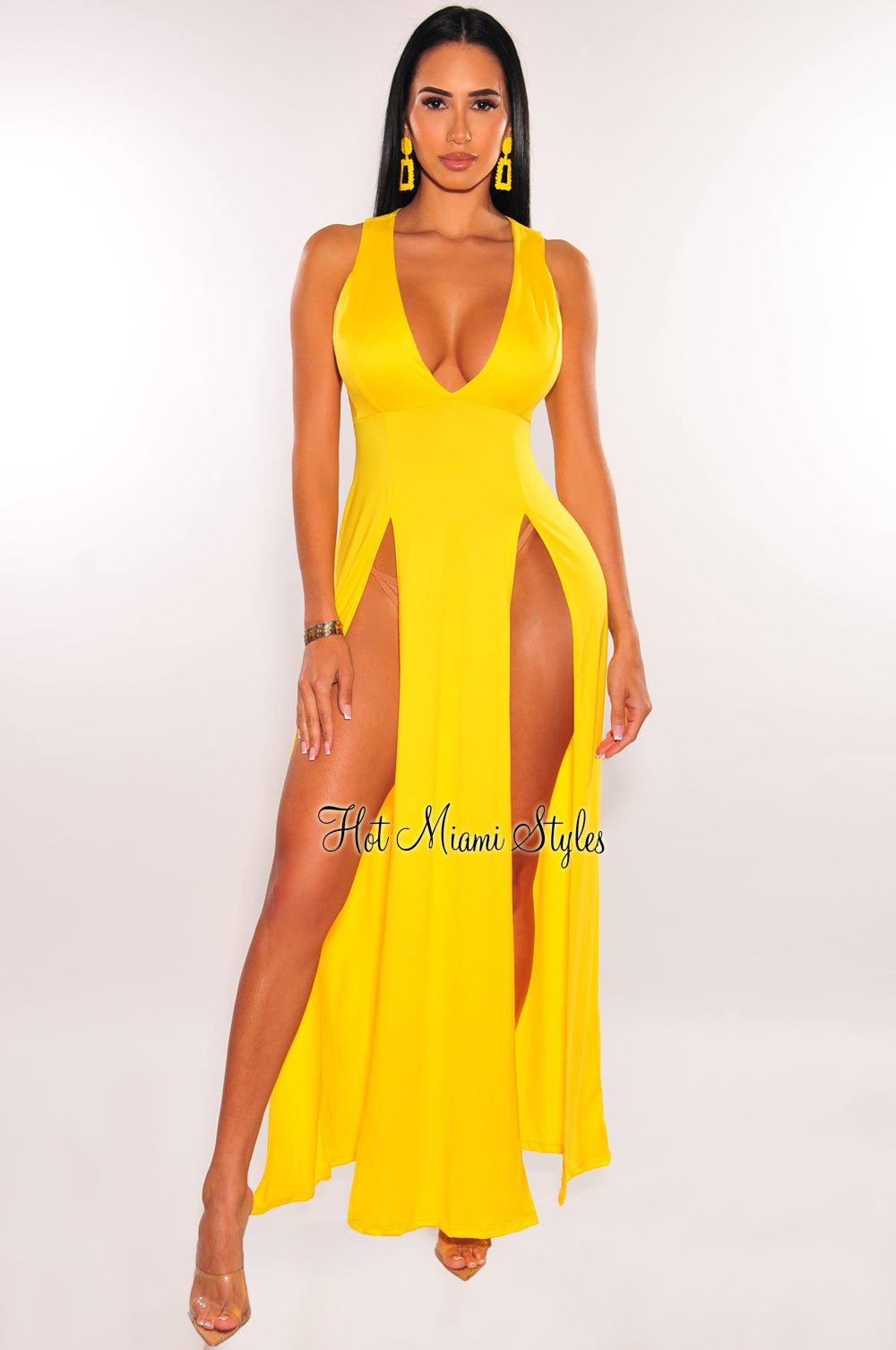 Yellow Sleeveless V-Neck Double Slit Maxi Dress - Beach Cover Up, Summer Party, Vacation Outfit