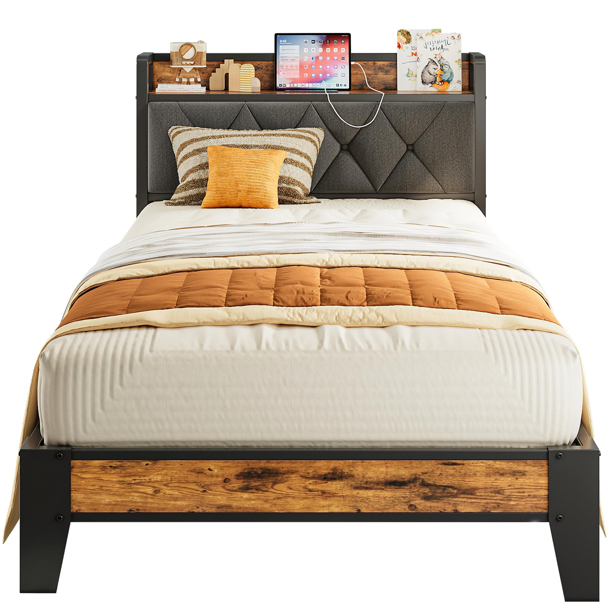 ANCTOR Twin XL Bed Frame with Storage Headboard & USB Outlets - Easy Assembly, Sturdy Metal Platform Bed, No Box Spring Needed - Ideal for Small Spaces, Dorms & Guest Rooms