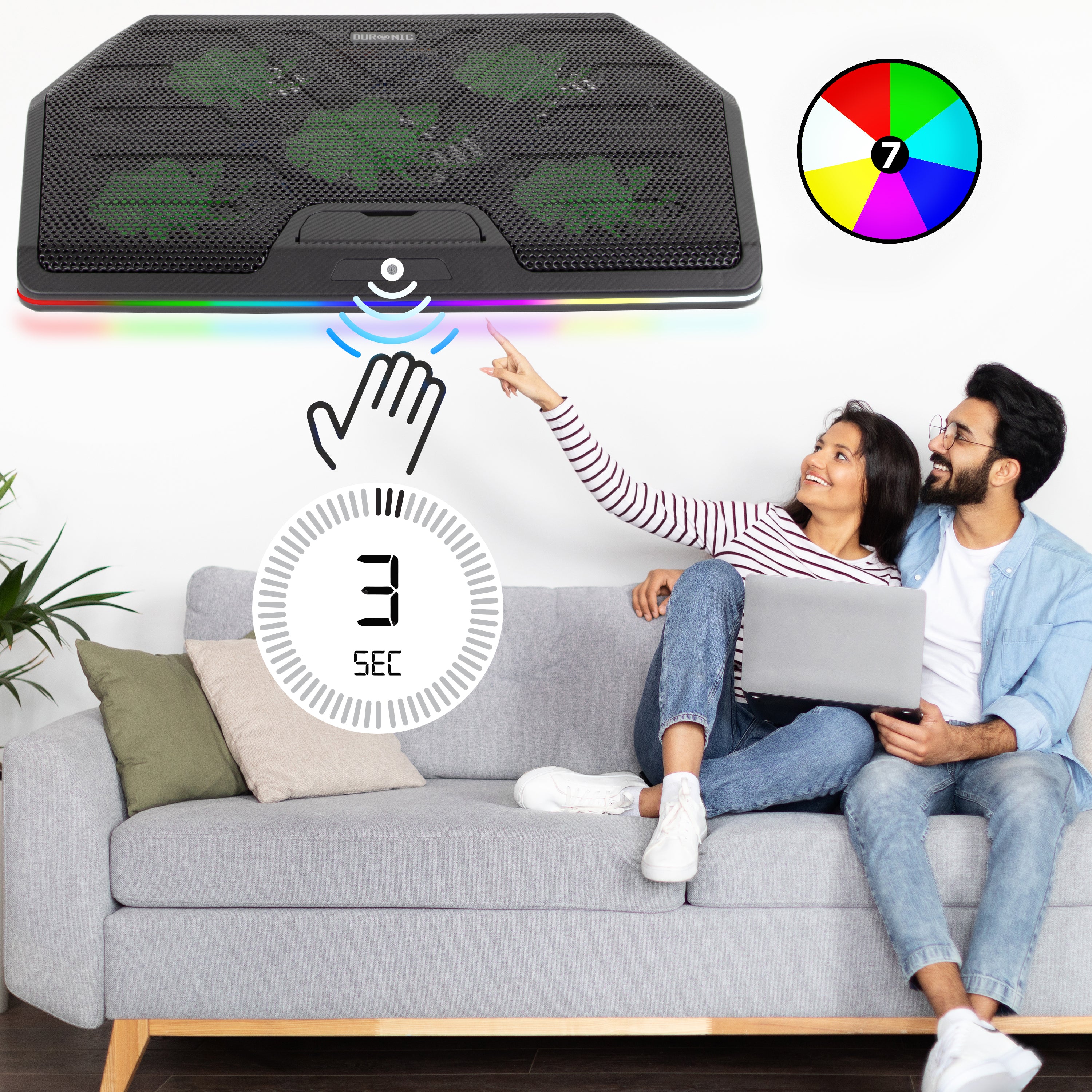 Duronic LC4 Laptop Cooling Pad - Adjustable 1400 RPM Fan, Ergonomic Stand for 11-17.3 Inch Laptops, 2 Height Levels with LED/RGB Lights - Perfect for Gaming, Office Work & Study to Prevent Overheating