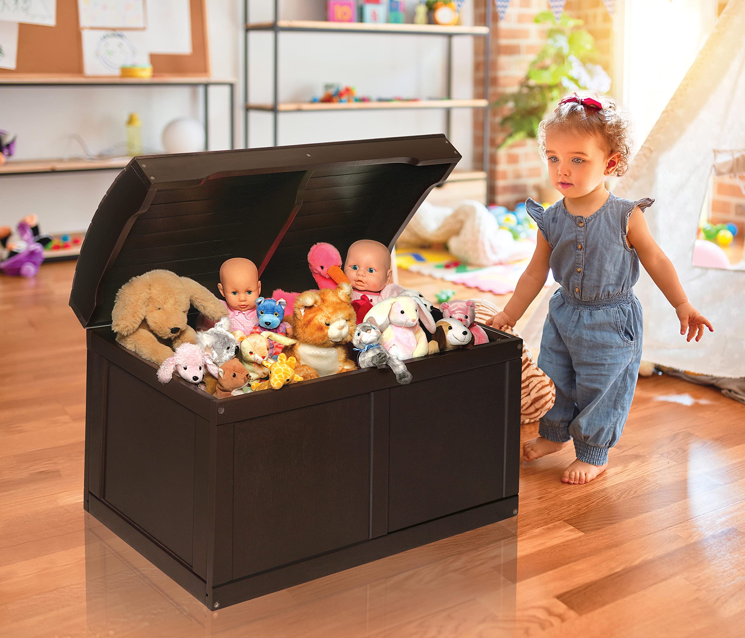 Badger Basket Kids Hardwood Toy Box with Safety Hinge - Espresso Finish Barrel Top Storage Chest for Bedroom, Playroom & Nursery Organization