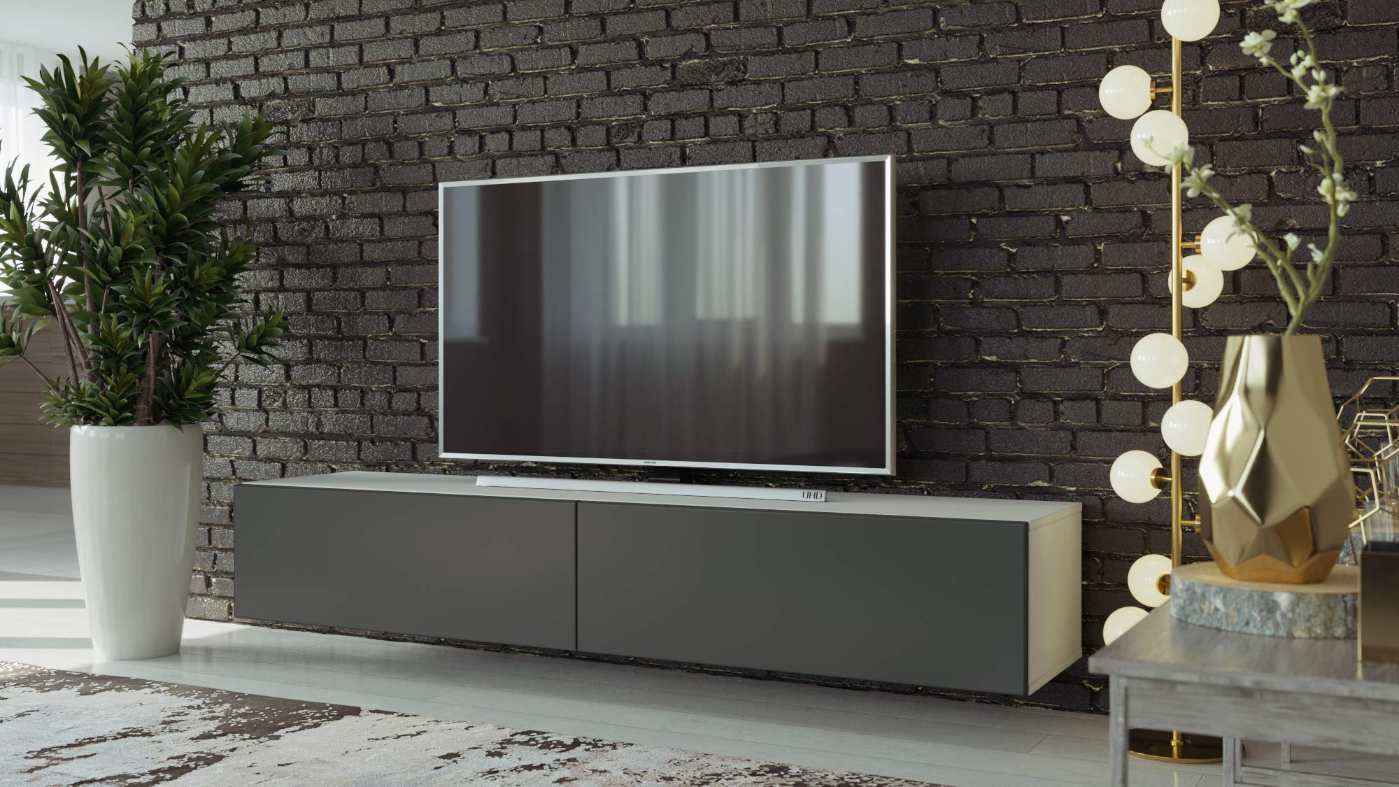 VIGO Modern TV Stand for 55-75 Inch TVs - White/Graphite Finish - Entertainment Center with Storage Shelves for Living Room, Bedroom & Home Theater